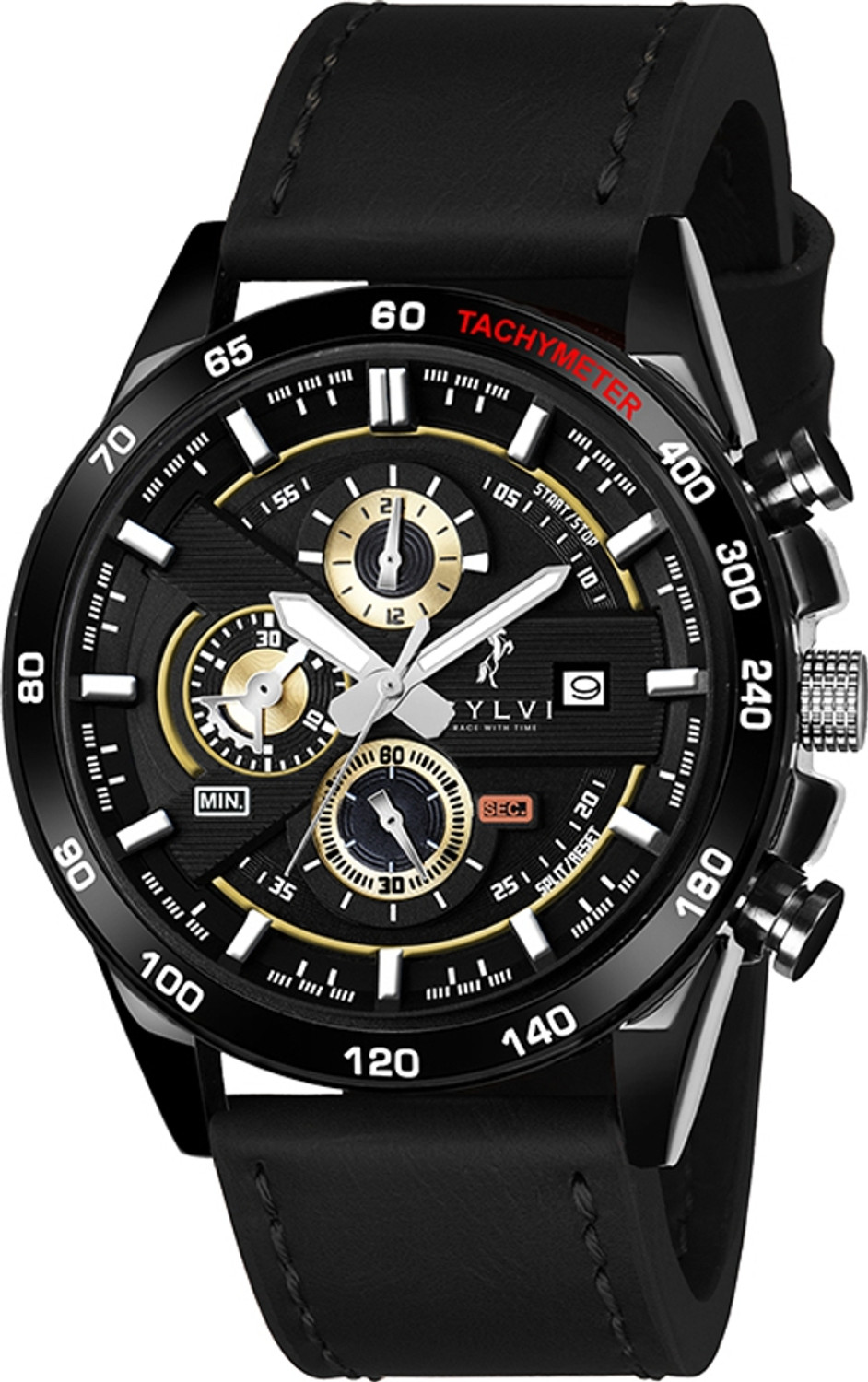Image of Sylvi Timegrapher Gold Black Leather Analog Watch - For Men