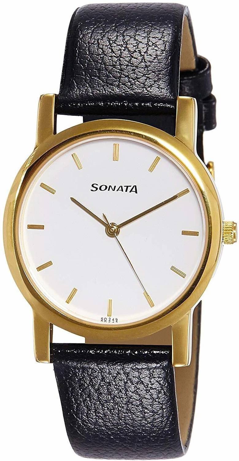 Sonata Quartz White Dial Black Leather Strap Men's Watch - Image 2