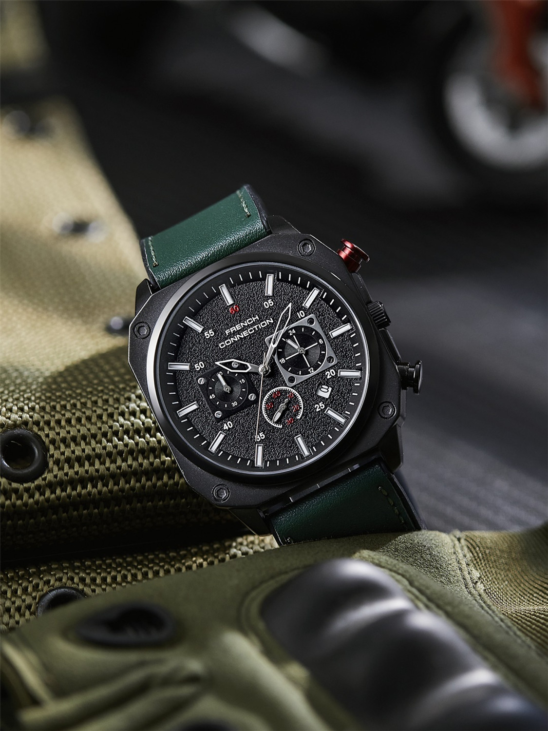 Image of French Connection Black Pattern Contemporary Dial | Green Silicone Chronograph Watch for Men Analog Watch - For Men