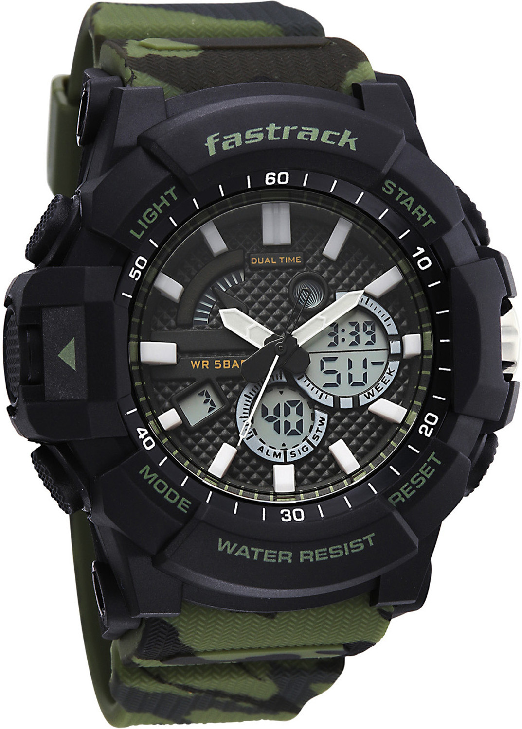 Image of Fastrack Streetstyle 6 Fastrack Streetstyle 6 Ana Digi Black Dial Camo Green Polyether Strap Analog-Digital Watch - For Men