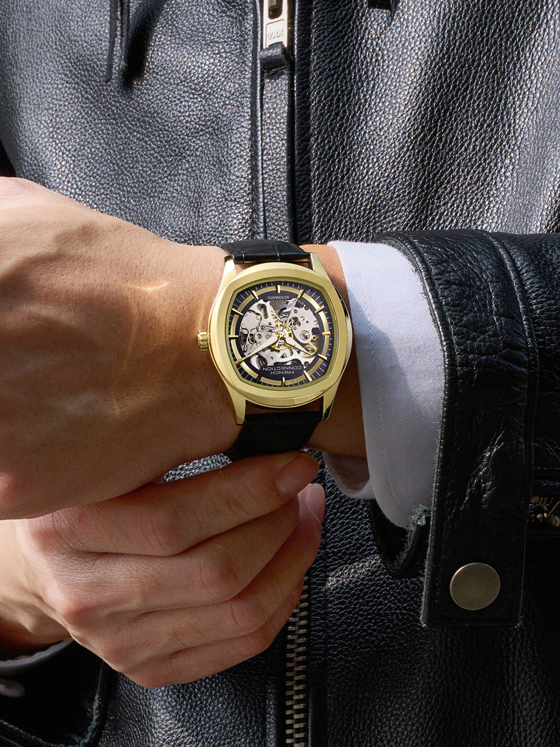 Image of French Connection Black Skeleton Round Dial | Black Leather Automatic Watch for Men Analog Watch - For Men
