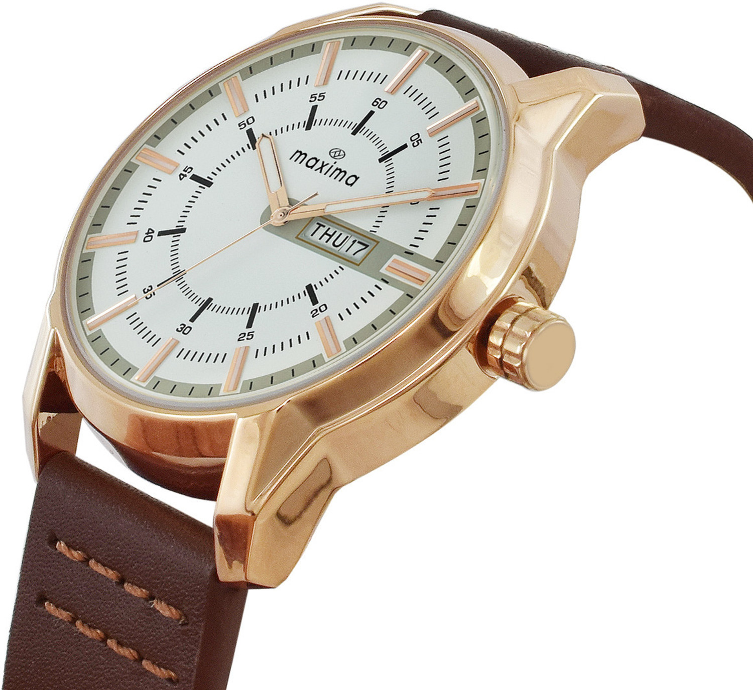 Image of MAXIMA Attivo White Rose Gold Dial, Day-Date,Water Resistant-3ATM, Brown Leather Strap Analog Watch - For Men O-68613LMGR