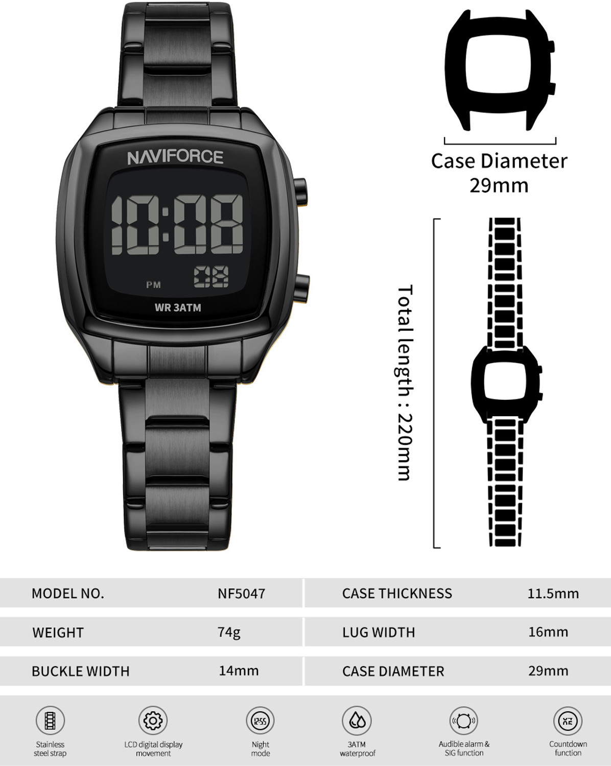 Image of NAVIFORCE NF5047 All Black Versatile Trendy Square Digital Watch - For Women