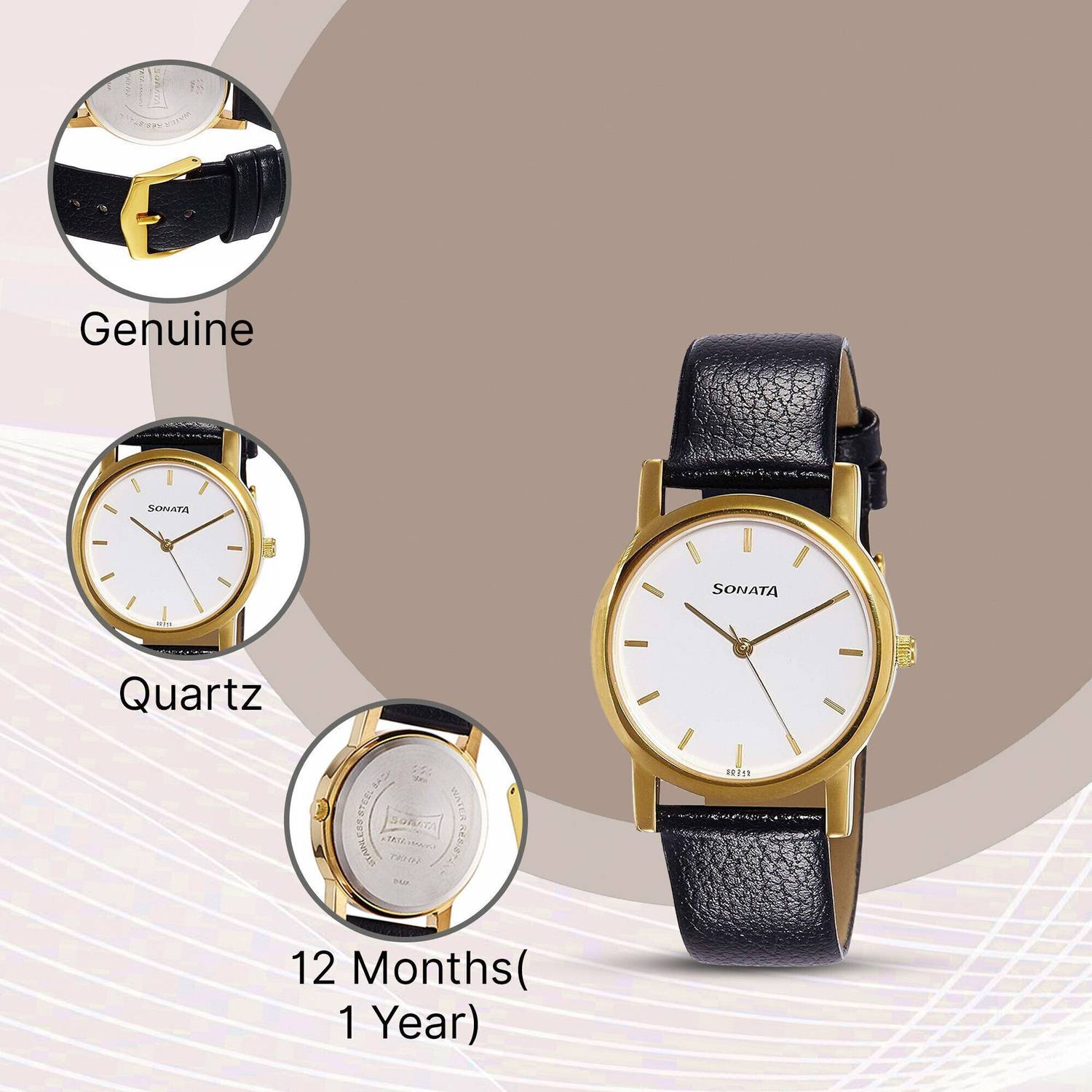 Sonata Quartz White Dial Black Leather Strap Men's Watch - Image 3