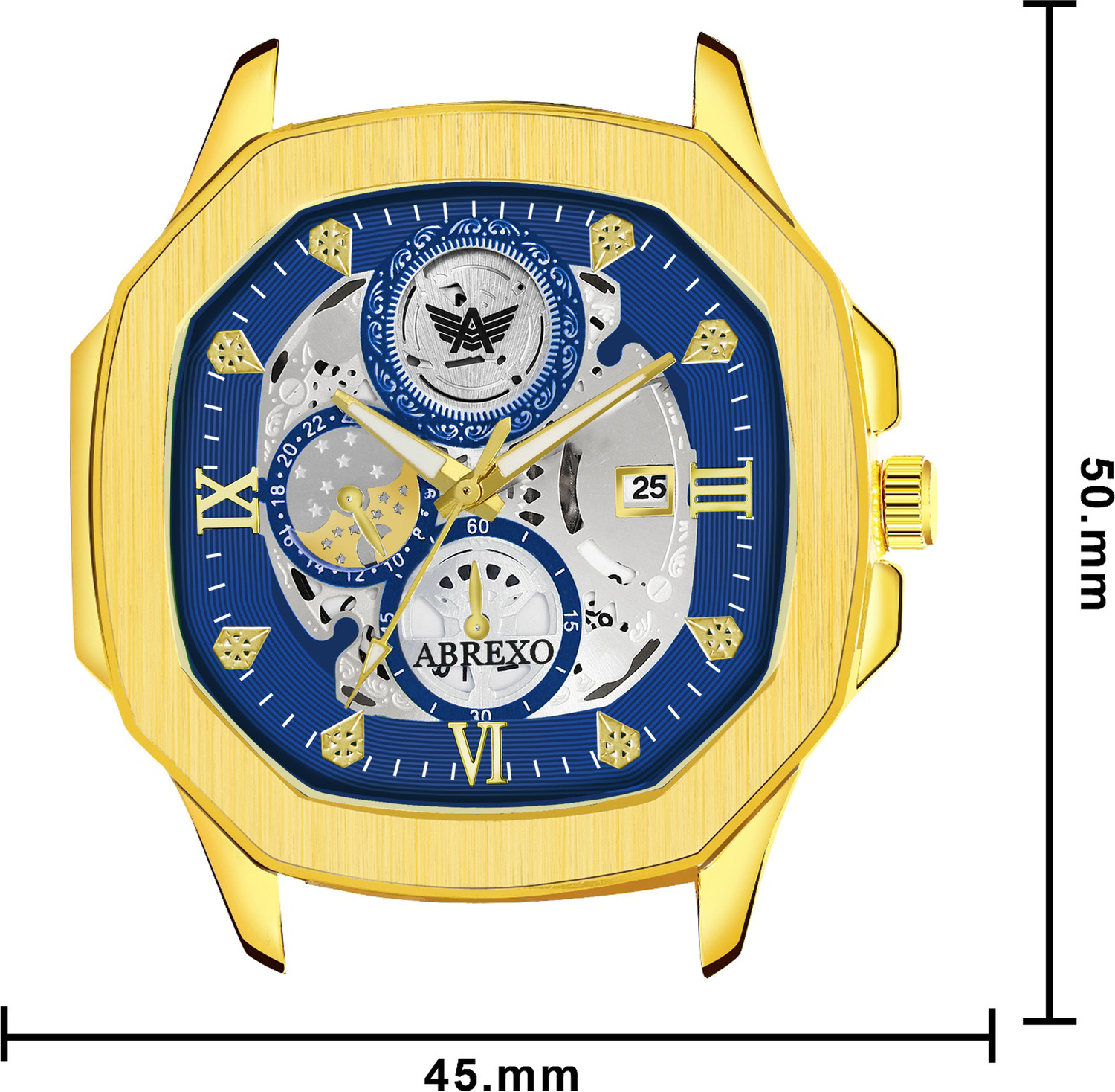 Image of ABREXO Abx8312 Blue Dial Golden Bracelets GODFATHER Square Chrono Look Blue Dial Date Working Stainless Strap For Boys Analog Watch - For Men