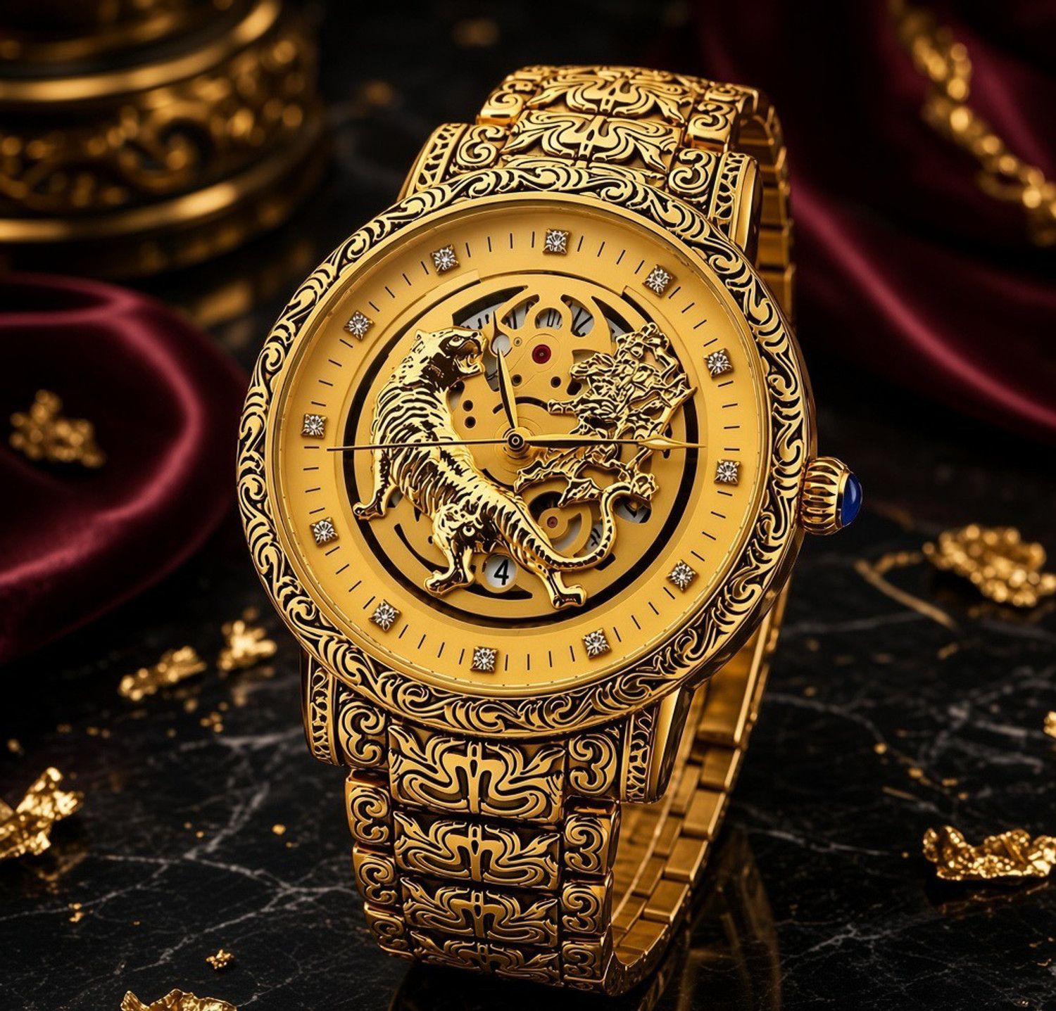 Image of FOREST LUXURY LION CURVED GOLDEN DIAL AND CHAIN MEN WRIST WATCH ANALOG WATCH Analog Watch - For Men EMR-65
