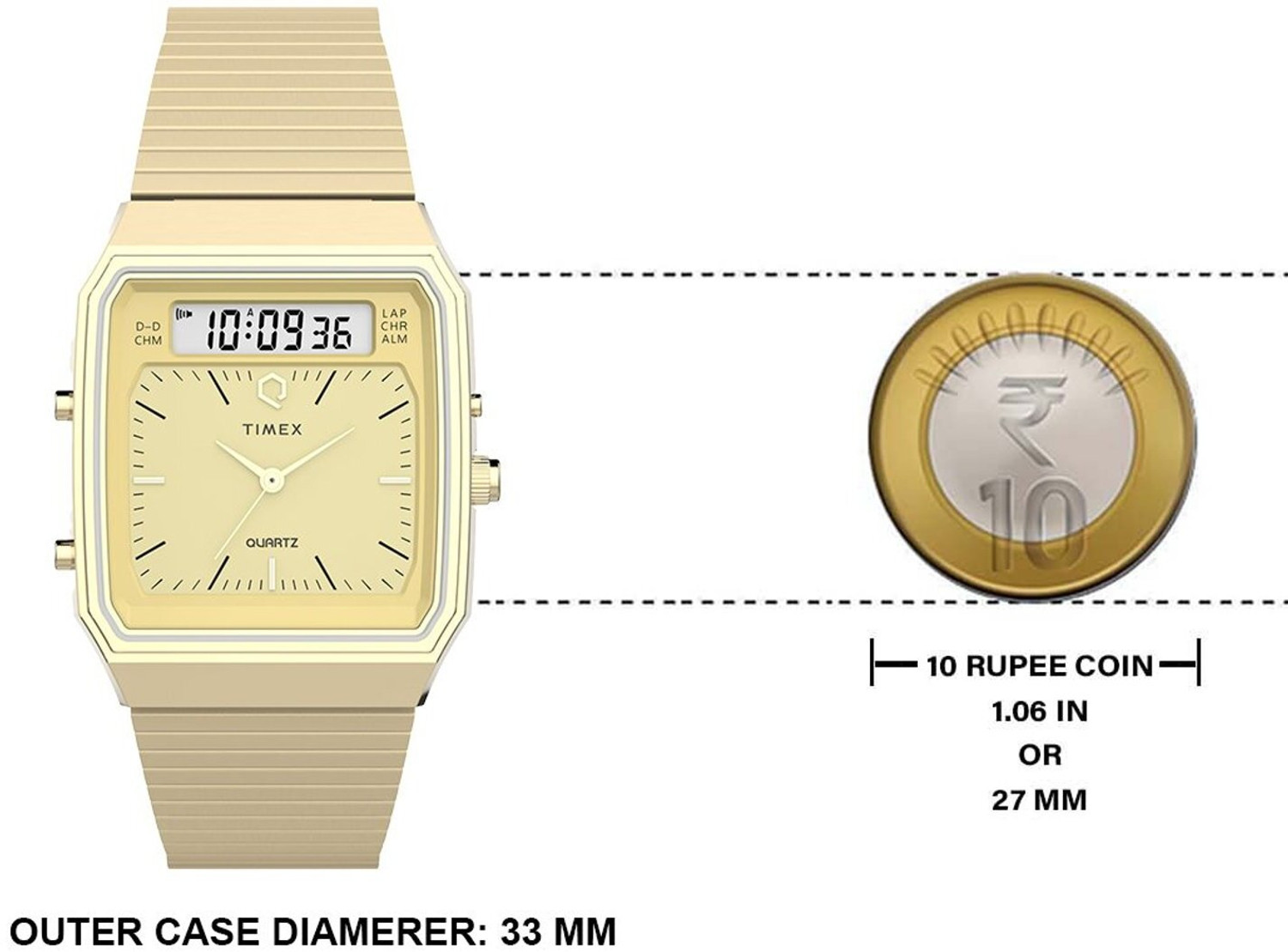 Image of TIMEX Reissue Rectangle 33mm Champagne Dial Analog-Digital Watch - For Men