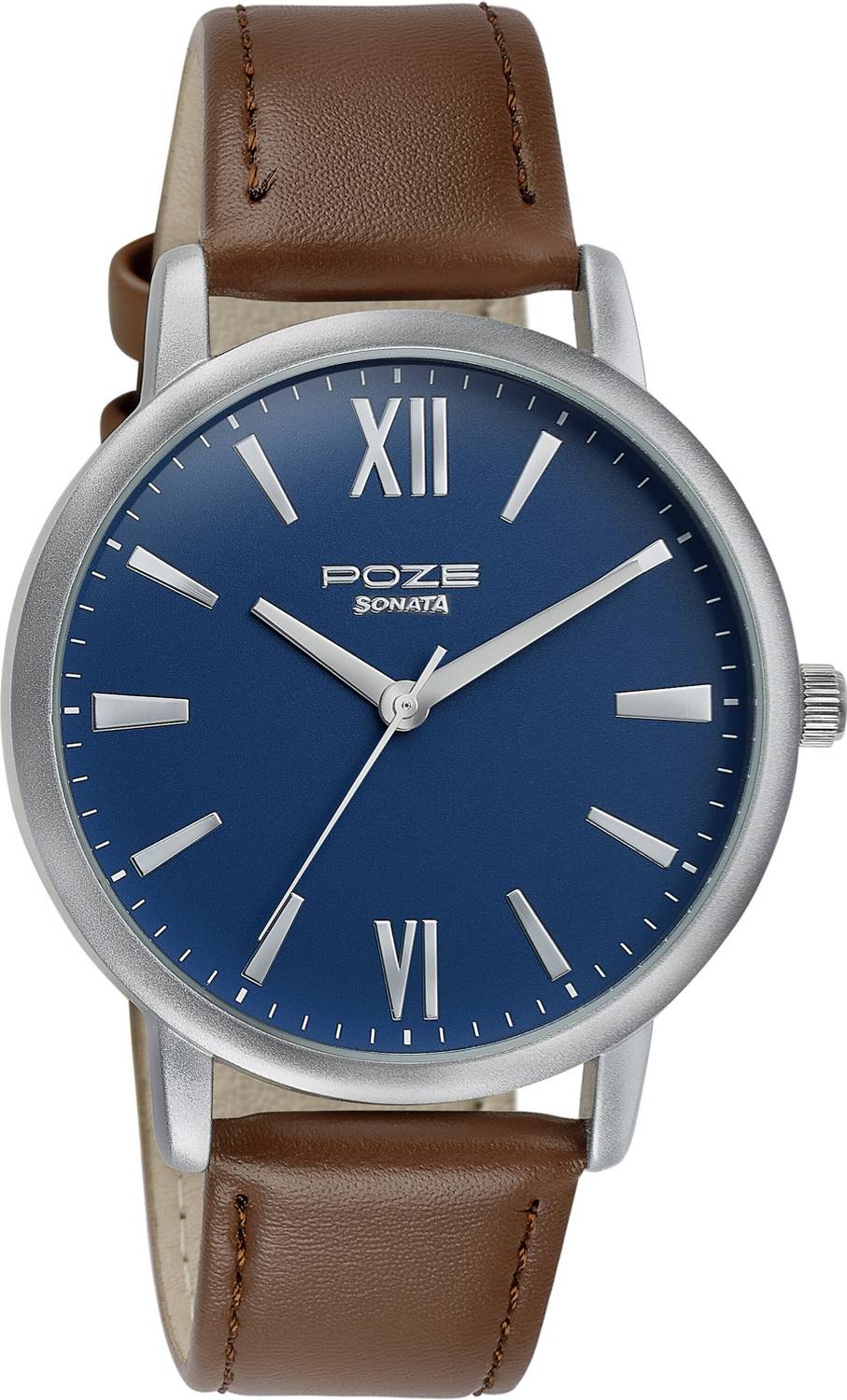 Sonata Poze Blue Dial Brown Leather Men's Watch - Image 3