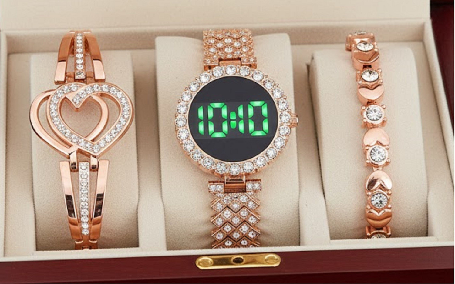 Image of MAAN INTERNATIONAL 803-Rosegold Diamond Studded Round Dial Touch Screen with Bracelet Combo Metal Strap Digital Watch - For Women