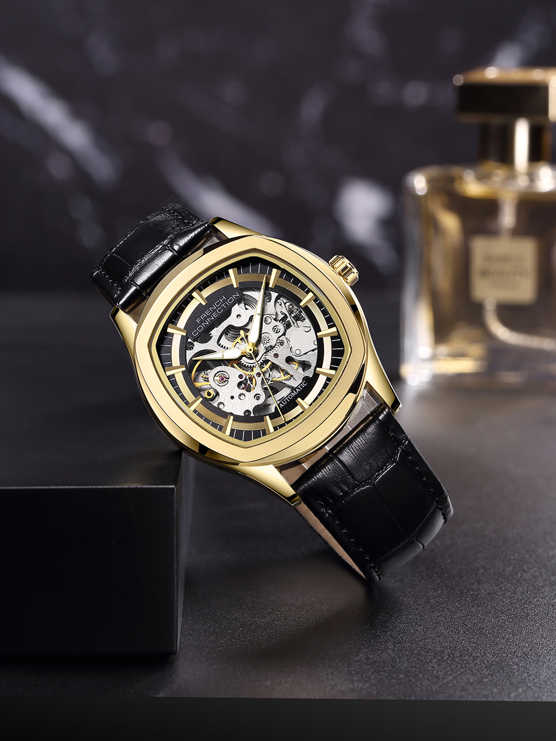 Image of French Connection Black Skeleton Round Dial | Black Leather Automatic Watch for Men Analog Watch - For Men