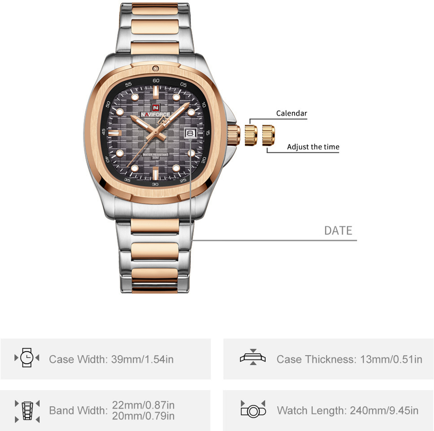 Image of NAVIFORCE NF9240 Square Unique temperament Silver Rosegold bracelet strap with Grey dial Analog Watch - For Men