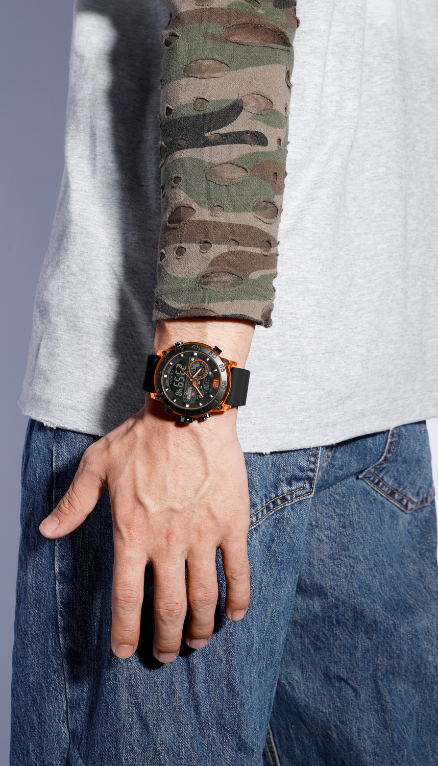 Image of NAVIFORCE Sporty And Distinctive Dual Display With Striking Orange Accents Analog-Digital Watch - For Men NF6104OOB