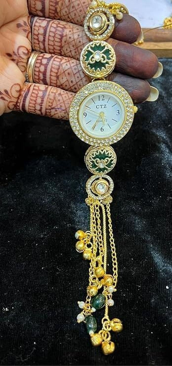 Image of Zodan Party Wear Stylish Wrist Watch with Stone Design kundan watch Analog Watch - For Women