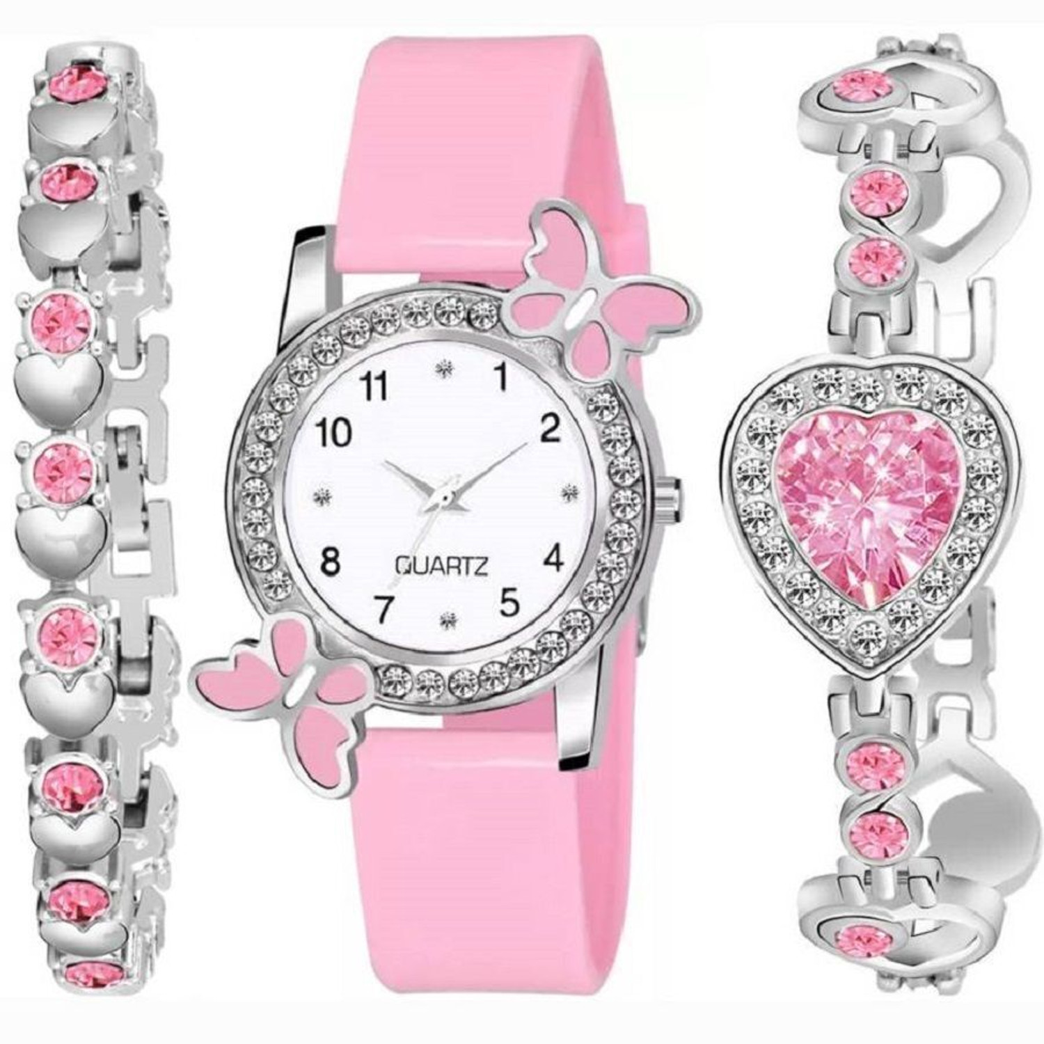 Image of BRAIN Vintage NEW PINK COMBO BRACELET WITH ONEDIMOND BUTTERFLY Analog Watch - For Girls