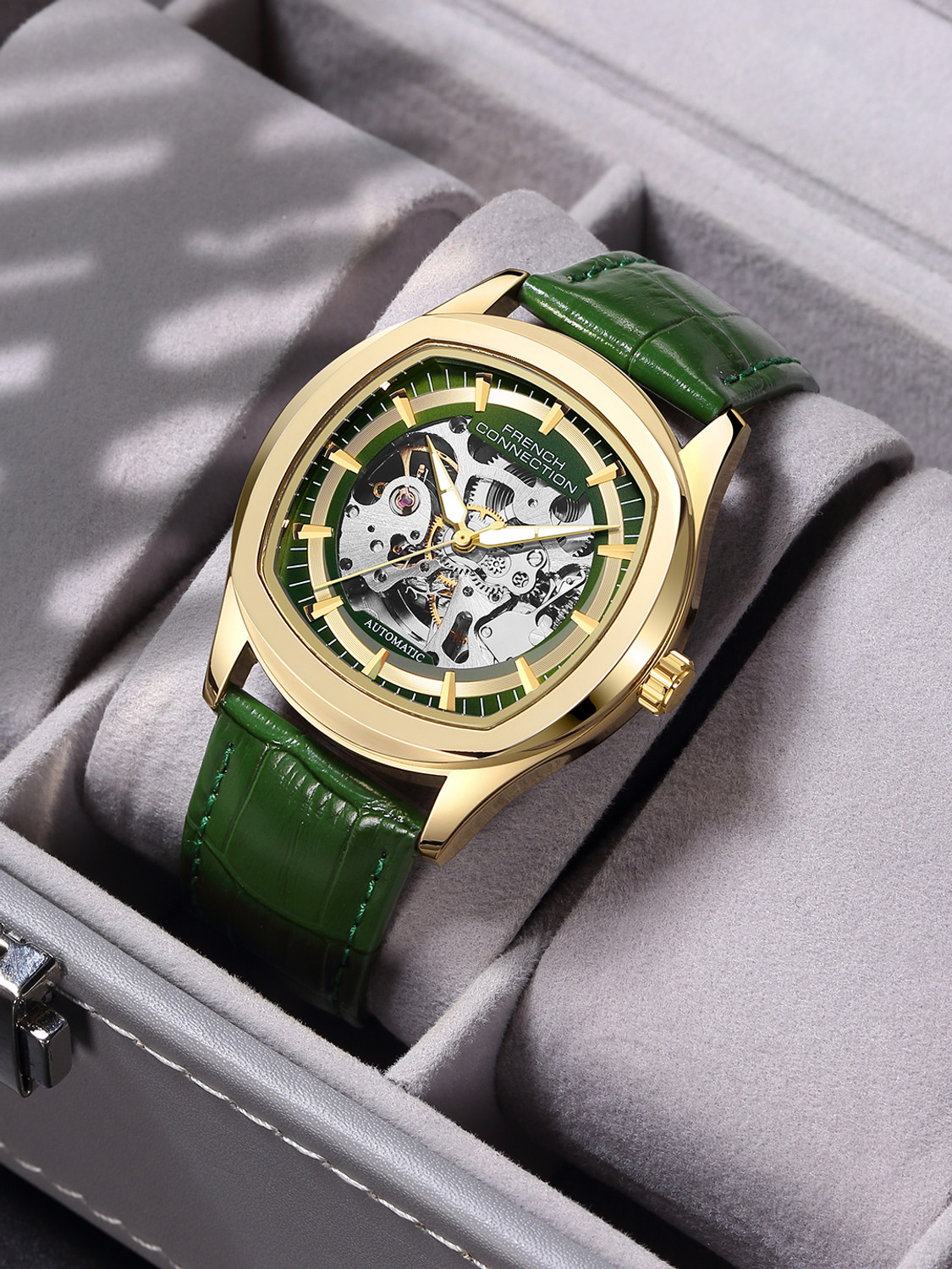 Image of French Connection Green Skeleton Round Dial | Green Leather Automatic Watch for Men Analog Watch - For Men