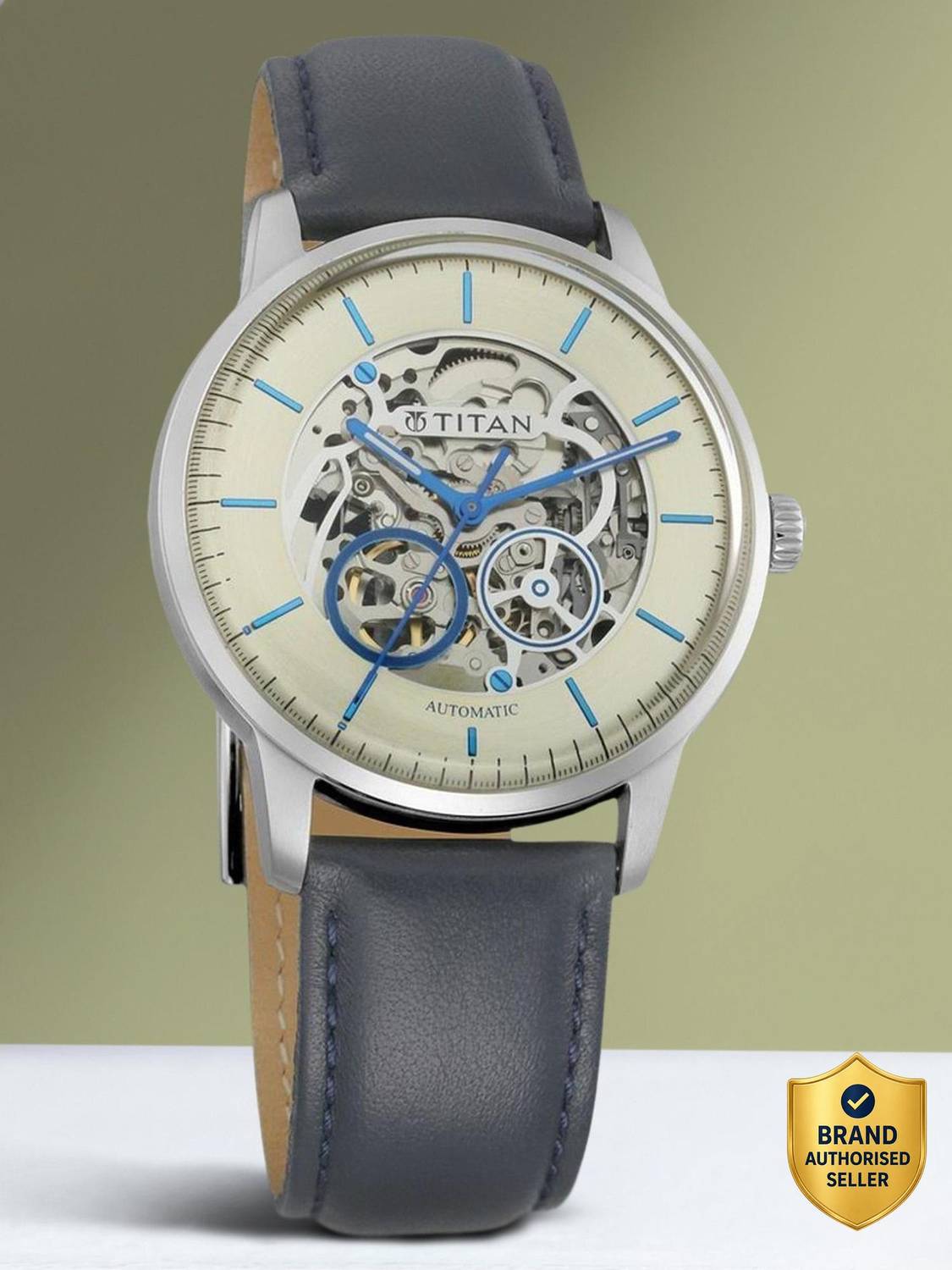 Titan On Trend Automatic Champagne Dial Blue LeatherStrap Analog Watch - For Men NT90110SL02,NU90110SL02 - Image 1