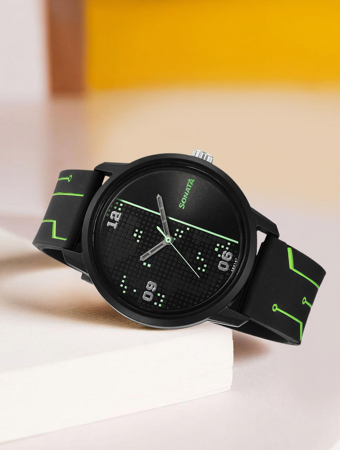 Image of Sonata Volt Black Dial Black Polyurethane Strap Analog Watch - For Men NT77085PP21W,NU77085PP21W