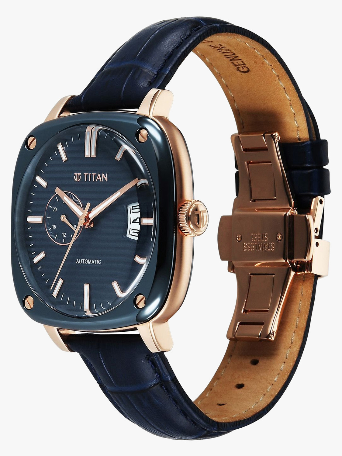 Image of Titan Automatic Vintage Titan Vintage Concealed Automatic with Blue Dial Blue Leather Strap Analog Watch - For Men