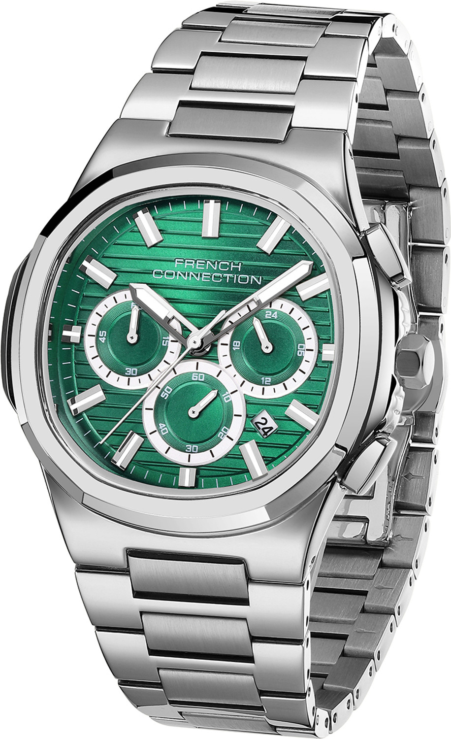 Image of French Connection Green Sunray Octagonal Dial | Silver Stainless Steel Chronograph Watch for Men Analog Watch - For Men