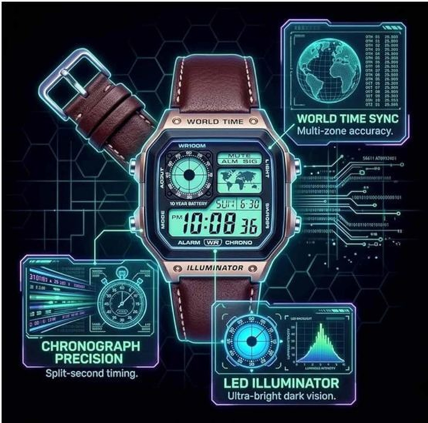 Image of Siraya SIRAYA Digital Square Dial Men's watch with Brown Leather Strap Digital Watch - For Men