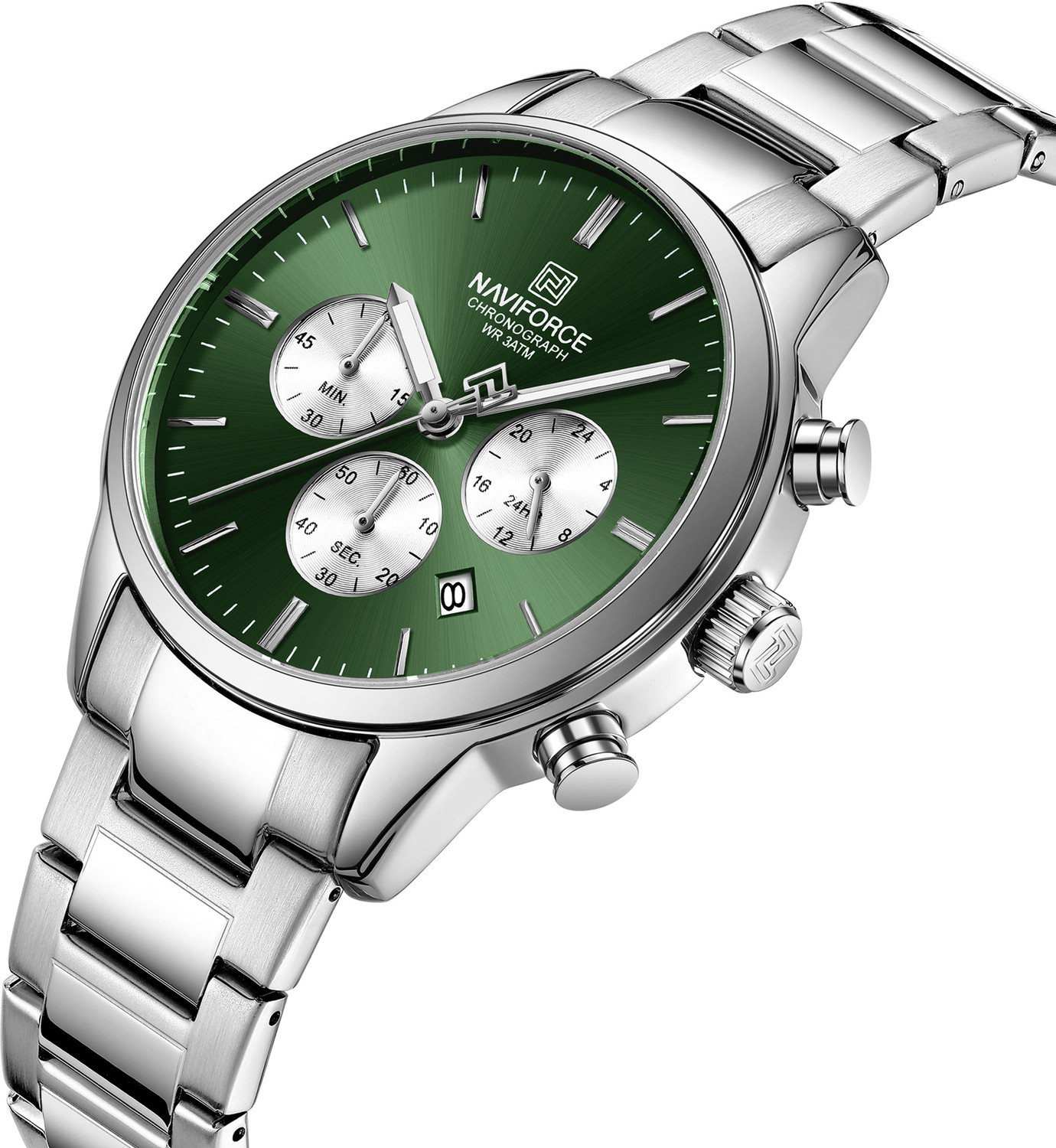 Image of NAVIFORCE NF8076 Classic Silver-Green Multifunctional Date Display Analog Watch - For Men