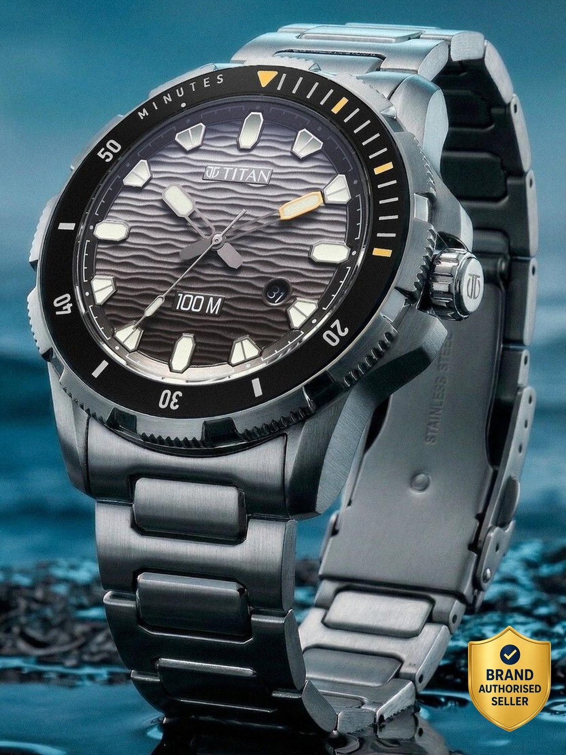 Image of Titan Titan Zero Hour Diver's 100m Titan Zero Hour Diver's 100m Black Dial Silver Stainless Steel Strap Analog Watch - For Men
