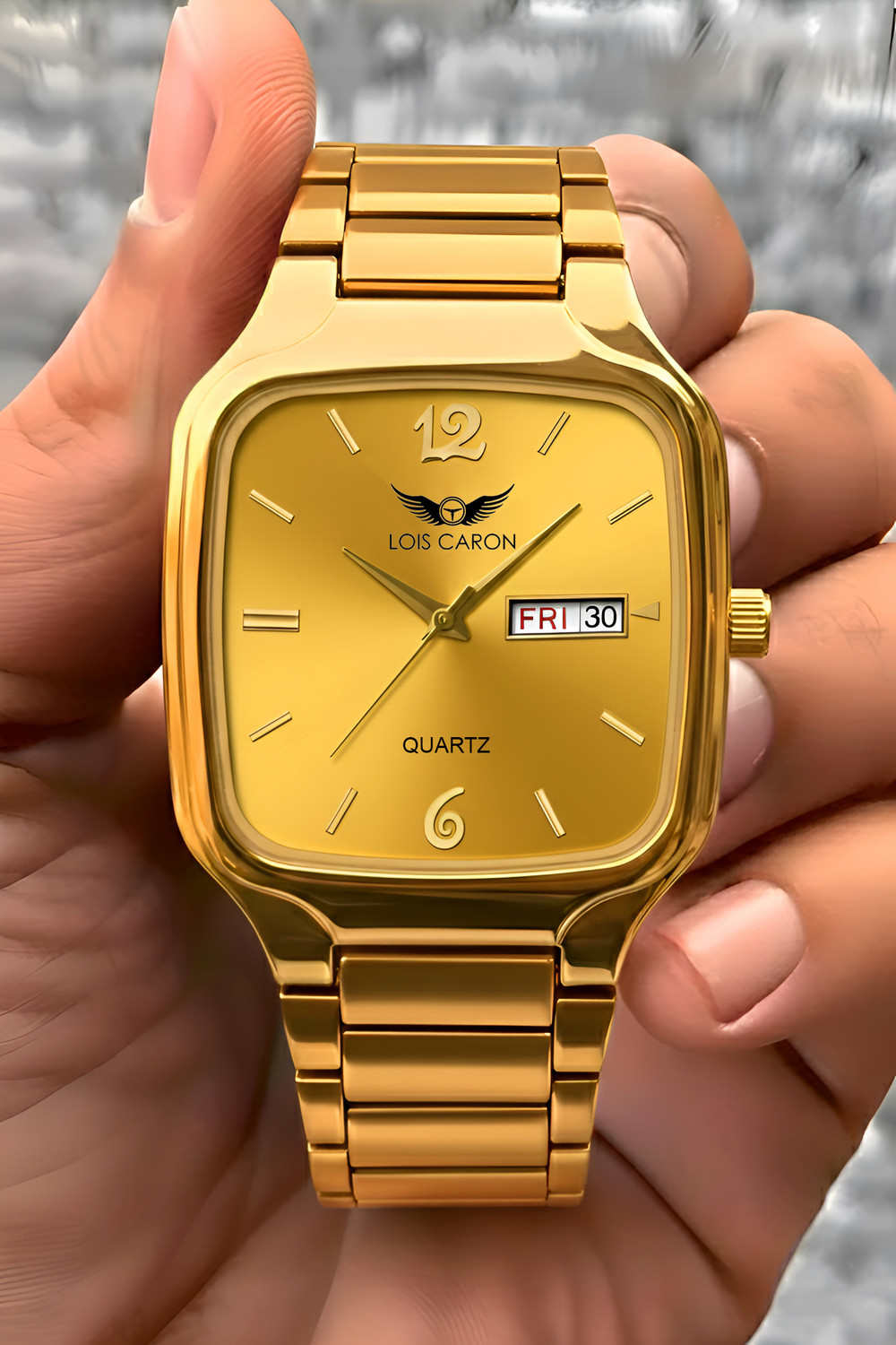 Image of LOIS CARON LCS-8636 Day & Date Classic Elegant Gold Square Dial Quartz Stylish Formal Timepiece Analog Watch - For Men