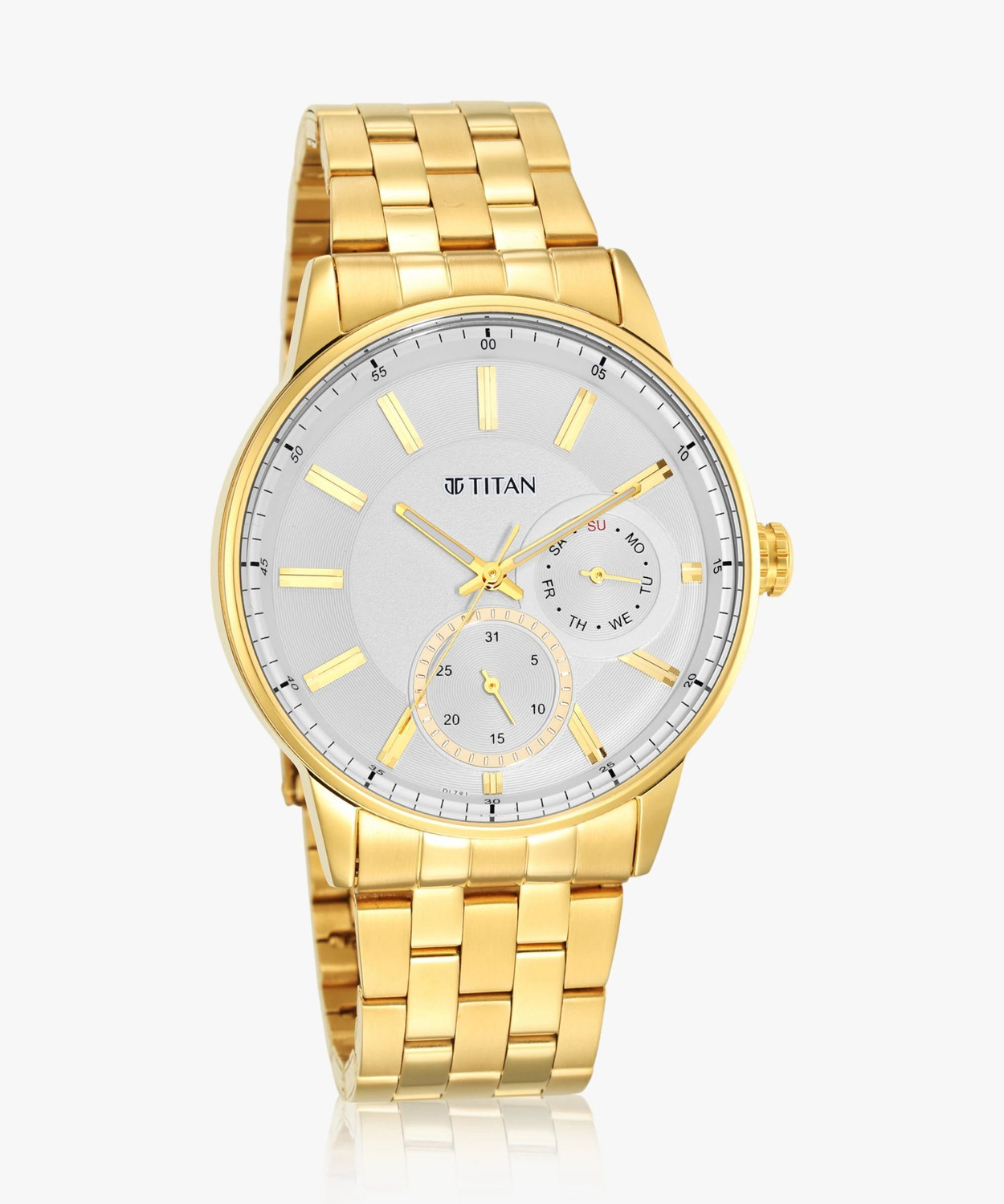 Image of Titan NP9441YM01 Titan Regalia Opulent Multifunction White Dial Gold SS Strap Analog Watch - For Men