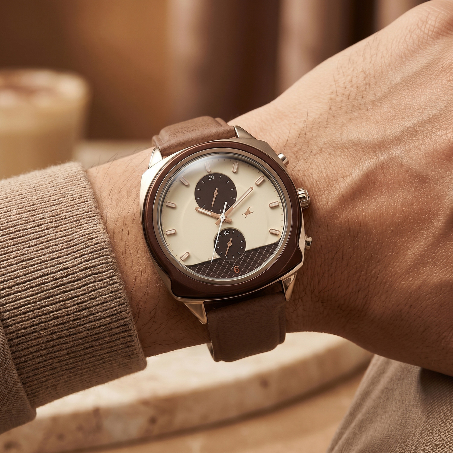 Image of Fastrack Gelato Gelato Cookies n Cream Chronograph Dial Brown Leather Strap Watch Analog Watch - For Men
