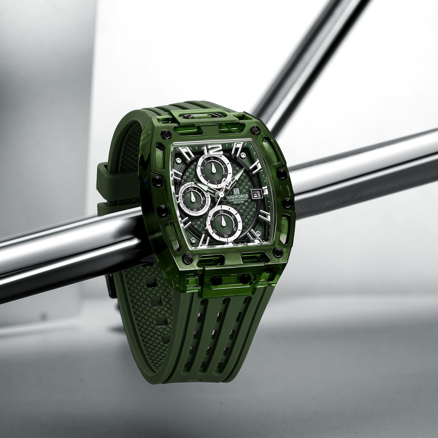 Image of NAVIFORCE NF7105 Distinctive tonneau-shaped case With Green silicone strap Analog Watch - For Men