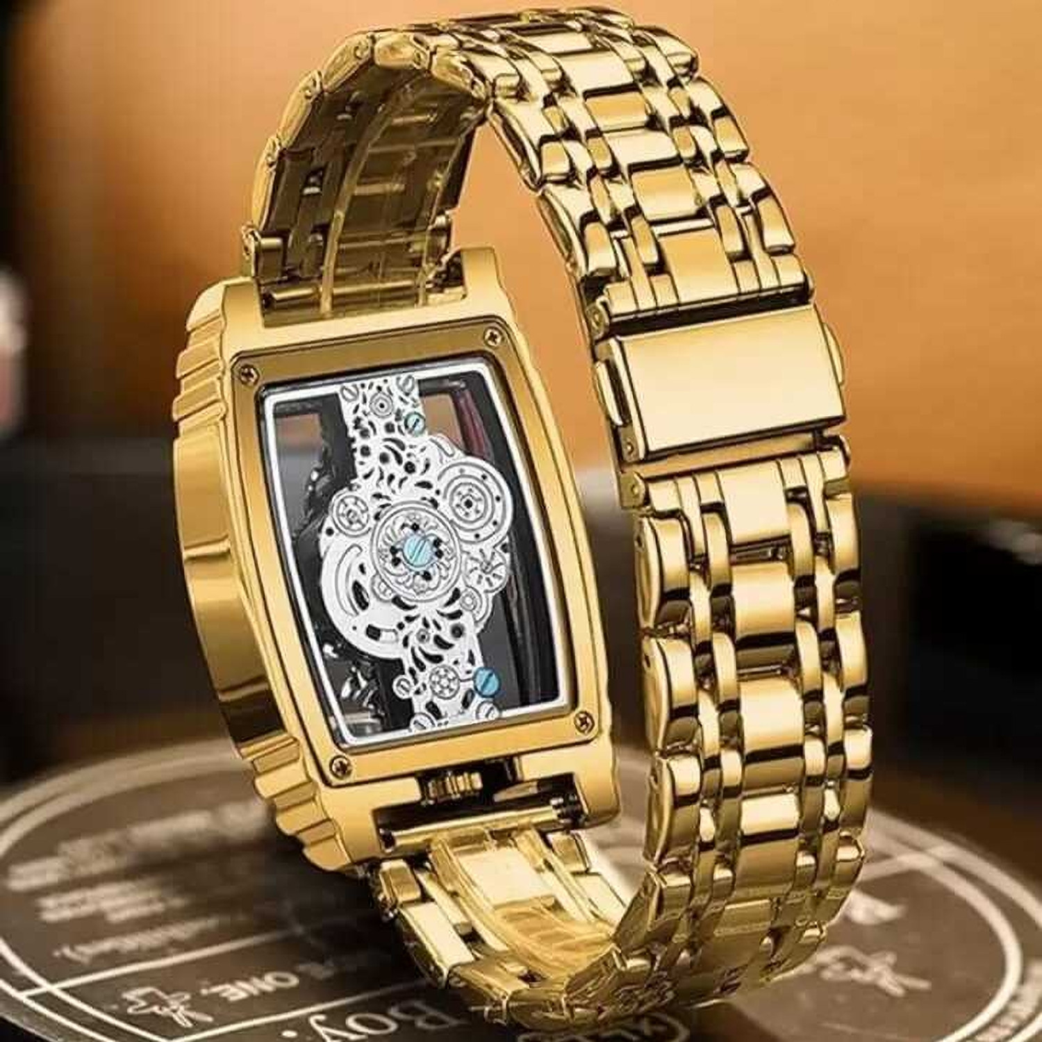 Image of DPA SKELETON RECTANGLE WATCH LUXURY GOLD SKELETON WATCH FOR MEN Analog Watch - For Men