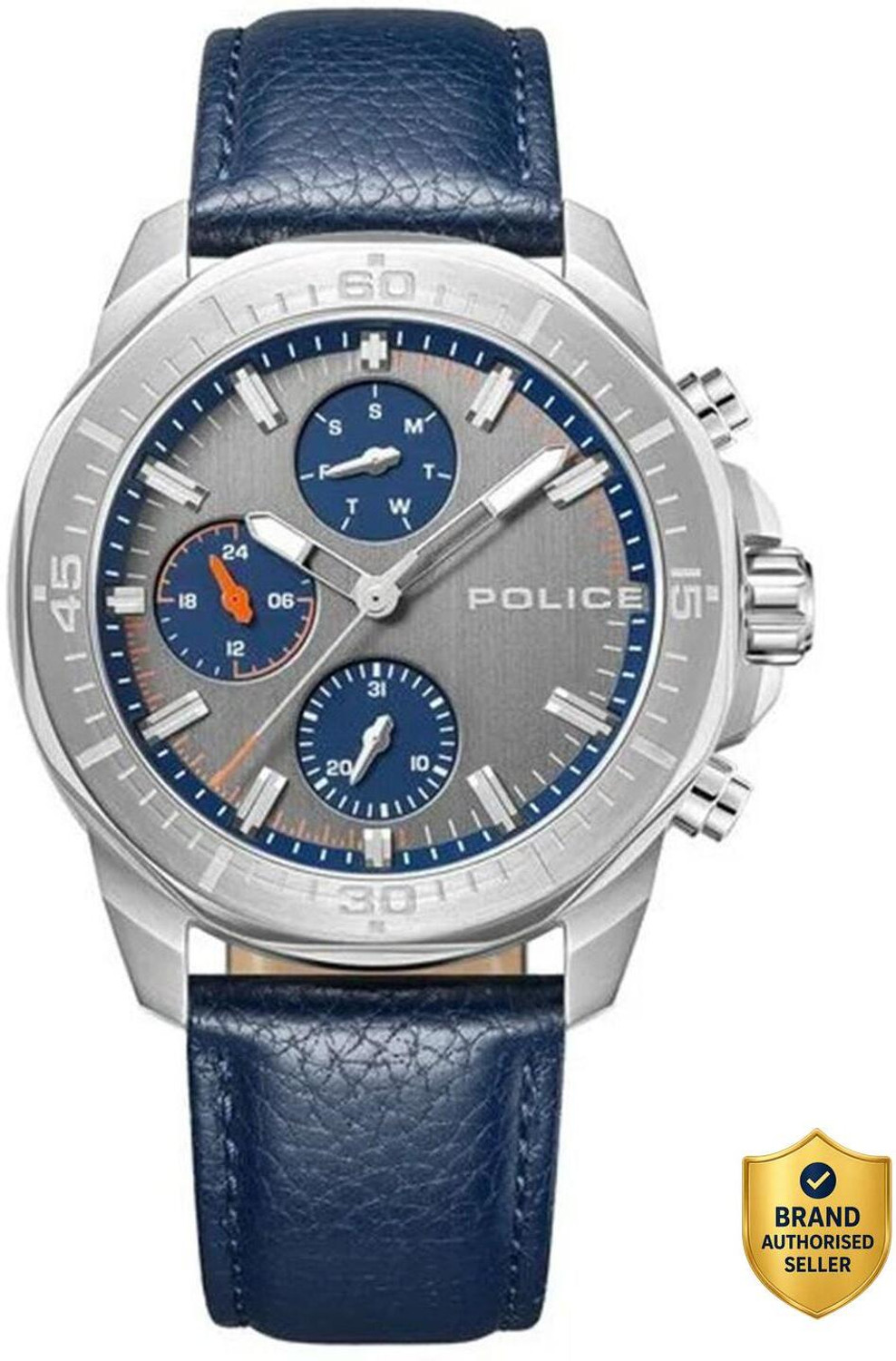 Image of Police Police Quartz Multifunction Grey Dial Blue Leather Strap Analog Watch - For Men