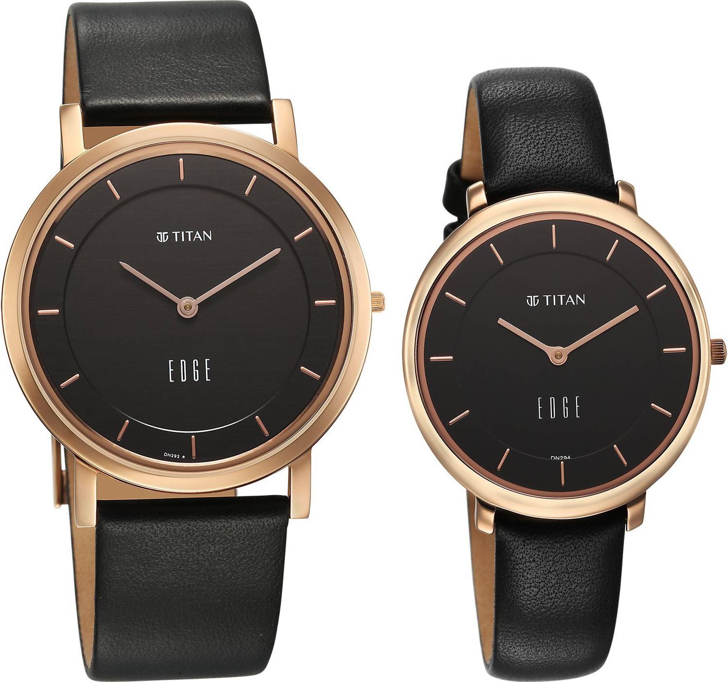 Titan Edge Pair Black Dial Black Leather Strap Couple Watch - Image 2