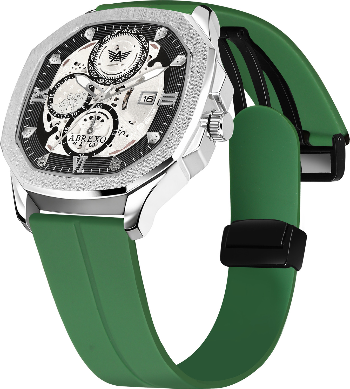 Image of ABREXO Abx8333-SL BK GRN MGT ST Chronograph Look Date Working Green Magnet Silicon Strap Quartz Watch For Boys Analog Watch - For Men
