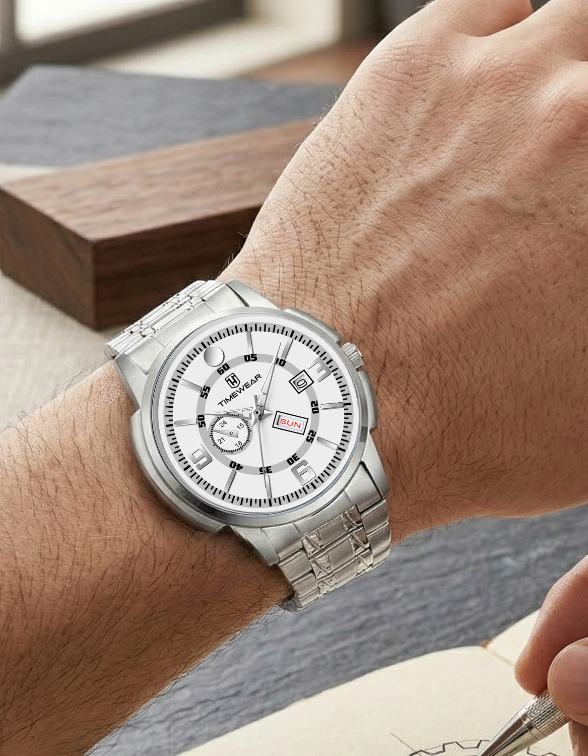 Image of TIMEWEAR 341WDTG White Dial Day Date Functioning Stainless Steel Chain Analog Watch - For Men
