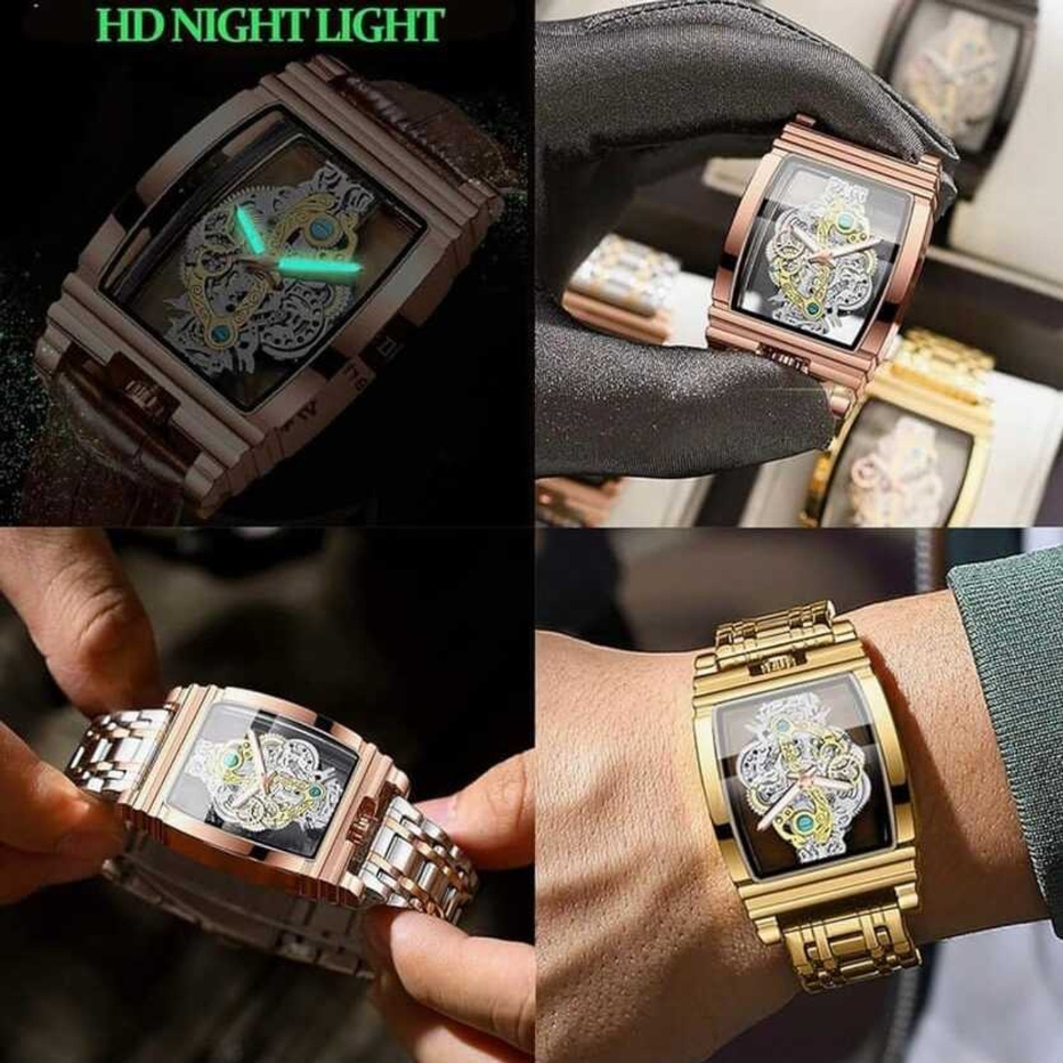 Image of DPA SKELETON RECTANGLE WATCH LUXURY GOLD SKELETON WATCH FOR MEN Analog Watch - For Men