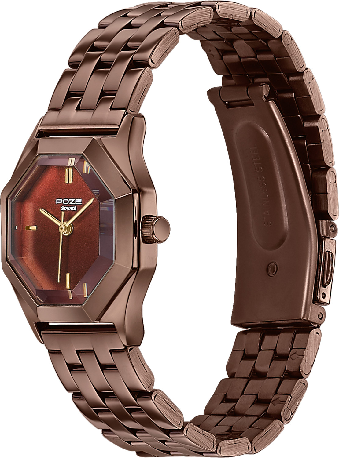 Image of SONATA Poze 8 Sonata Poze 8 Quartz Brown Dial IP Brown 304SS Sheet Metal Strap Analog Watch - For Women
