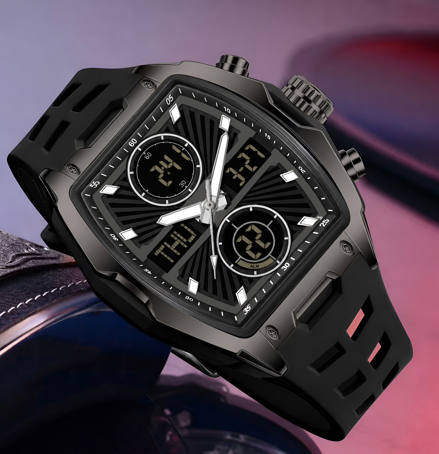 Image of LOIS CARON LCDA8031 Analog Digital Watch for Men | curved Barrel Shaped Multifunction Dual Display Analog-Digital Watch - For Men