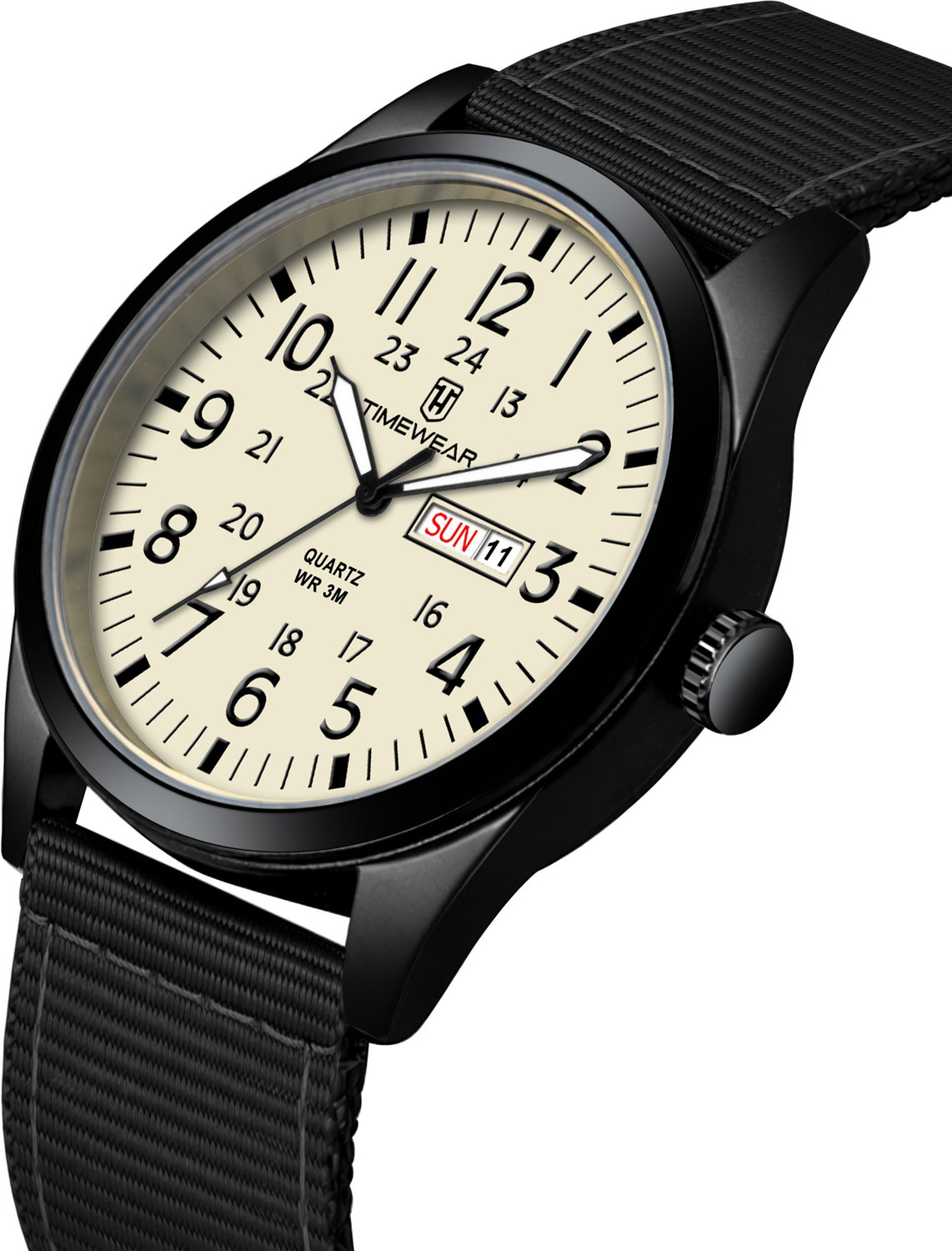 Image of TIMEWEAR 338BBTG TIMEWEAR New Track Number Dial, Day & Date, Black Fabric Strap Analog Watch - For Men