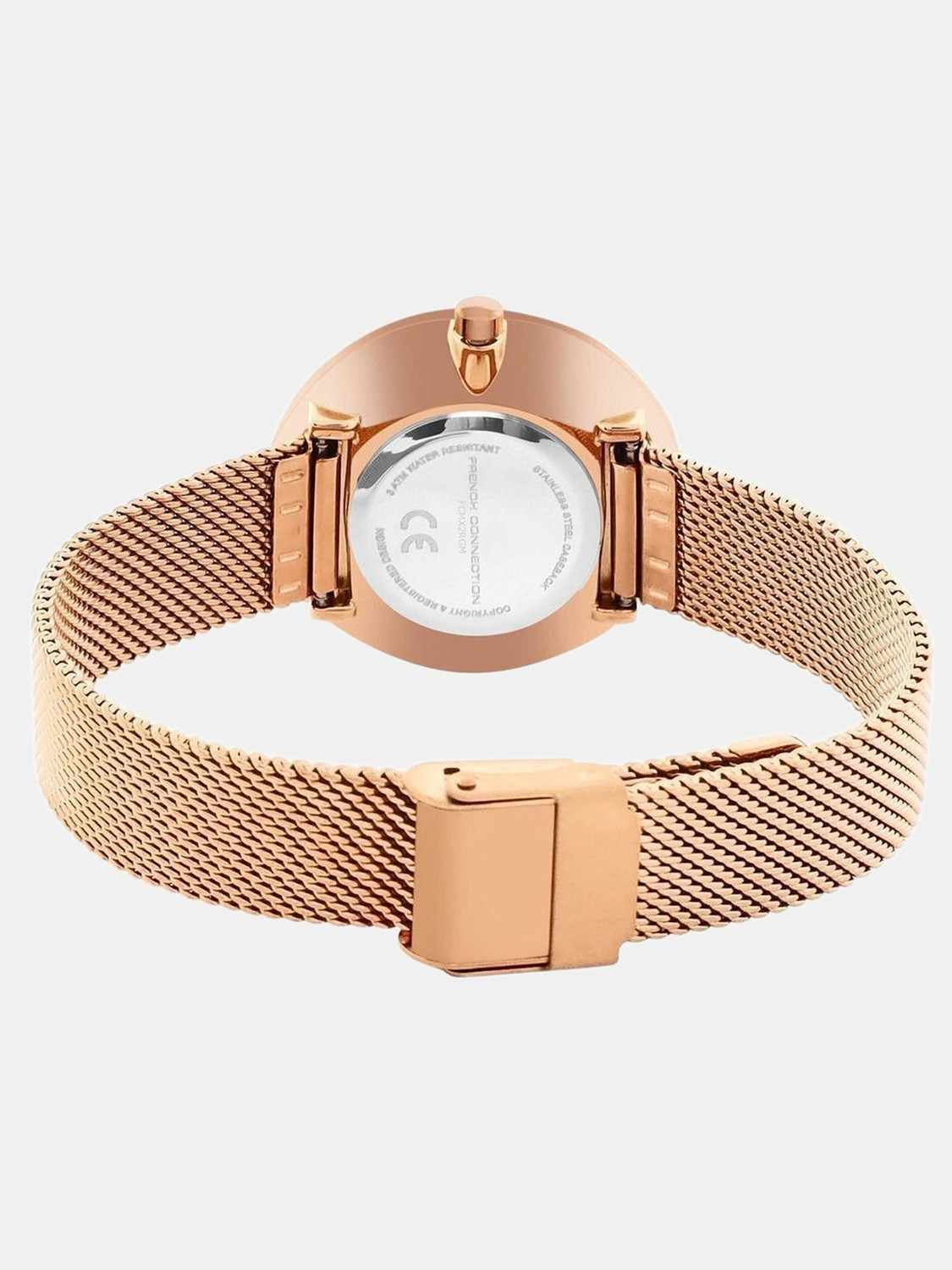 Image of French Connection Rhinestones Black Sunray Round Dial | Women Rose Gold Mesh Strap Analog Watch - For Women