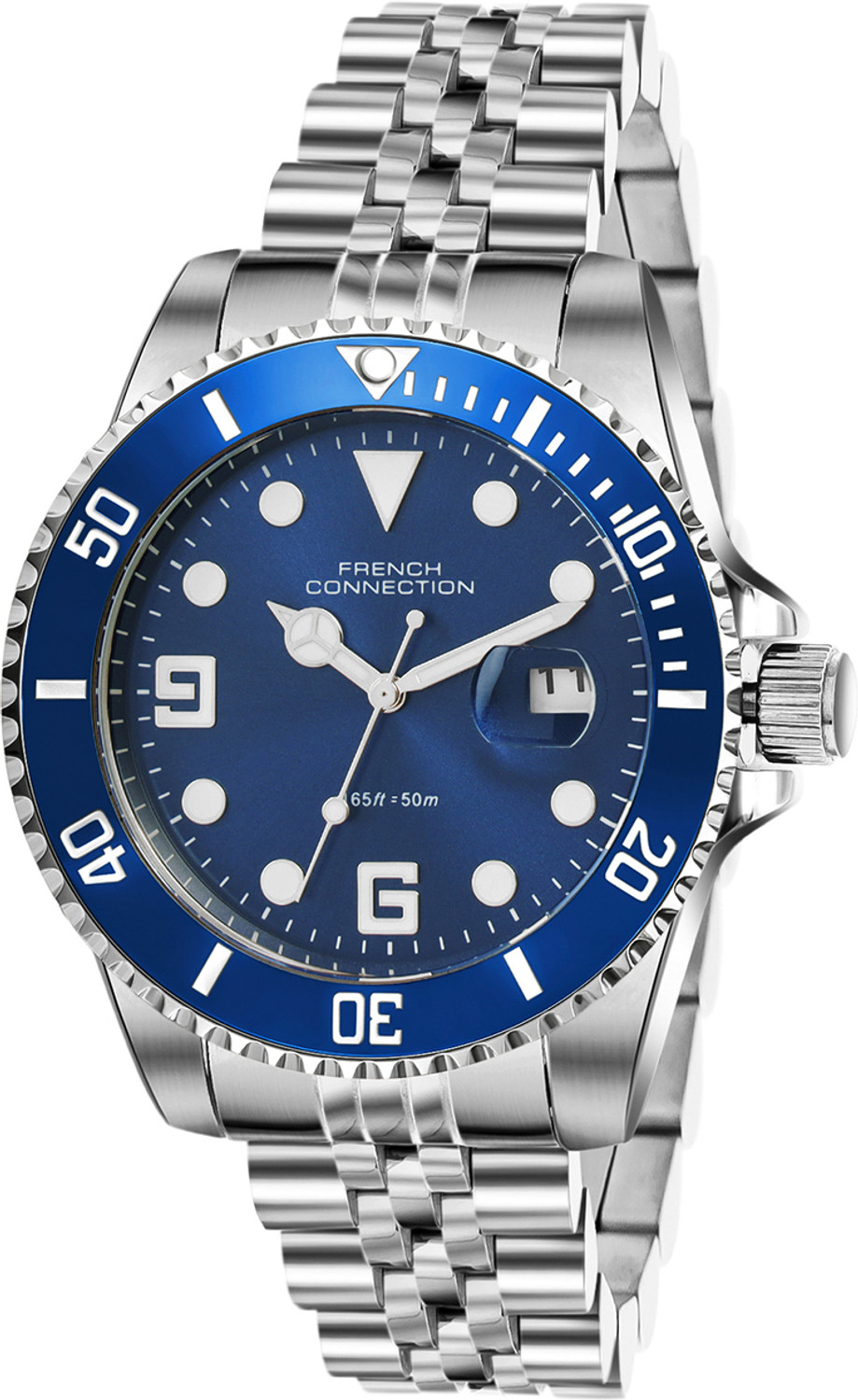 Image of French Connection STEELORA Blue Dated Sunray Round Dial | Silver Stainless Steel Analog Watch for Men Analog Watch - For Men