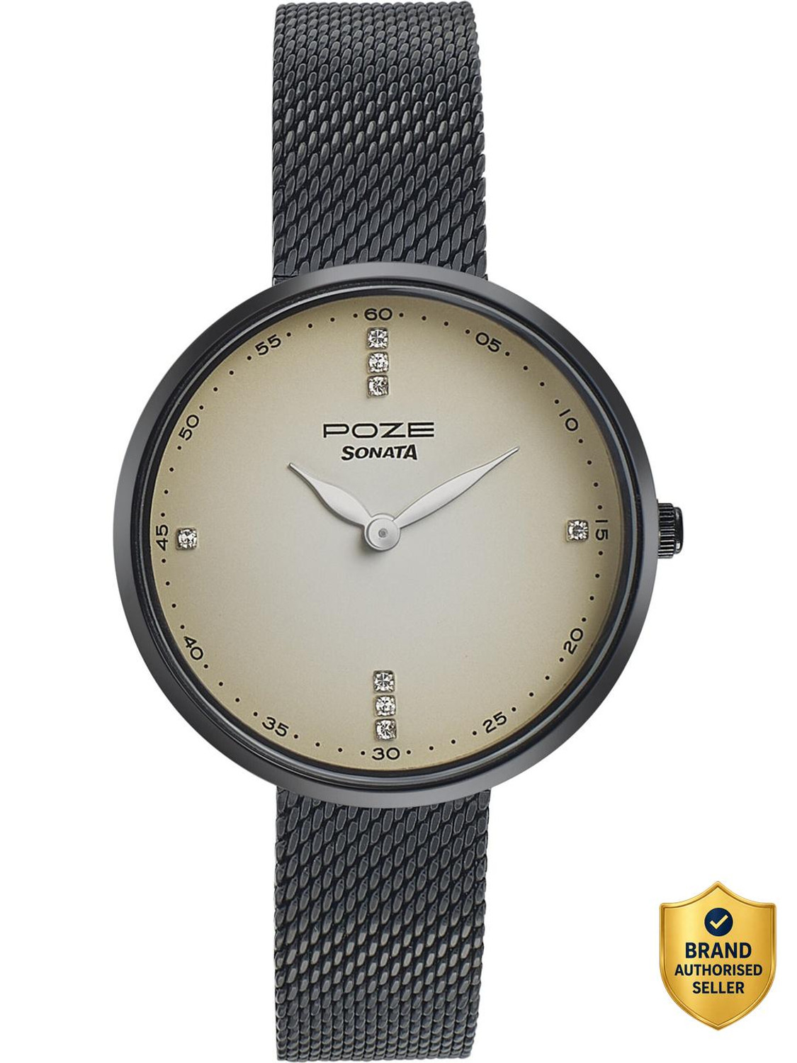 Image of SONATA Poze Poze White Dial Black Metal Strap Analog Watch - For Women
