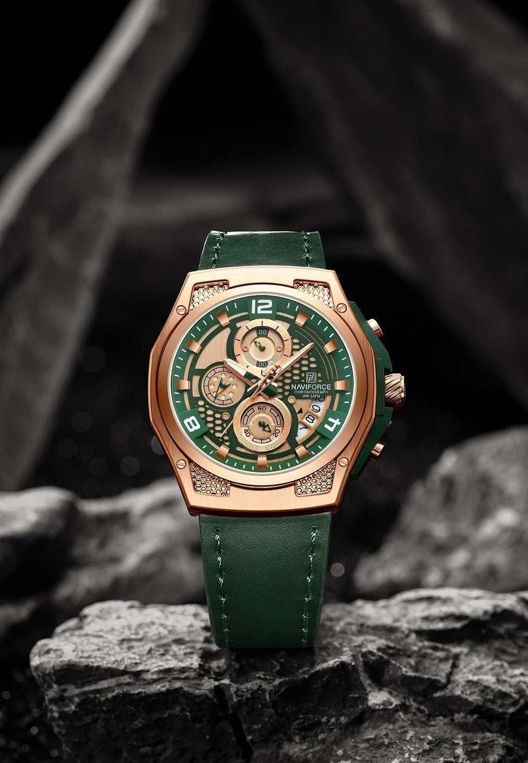 Image of NAVIFORCE NF8051L Distinctive and Elegant Rosegold and Green color Genuine Leather Analog Watch - For Men