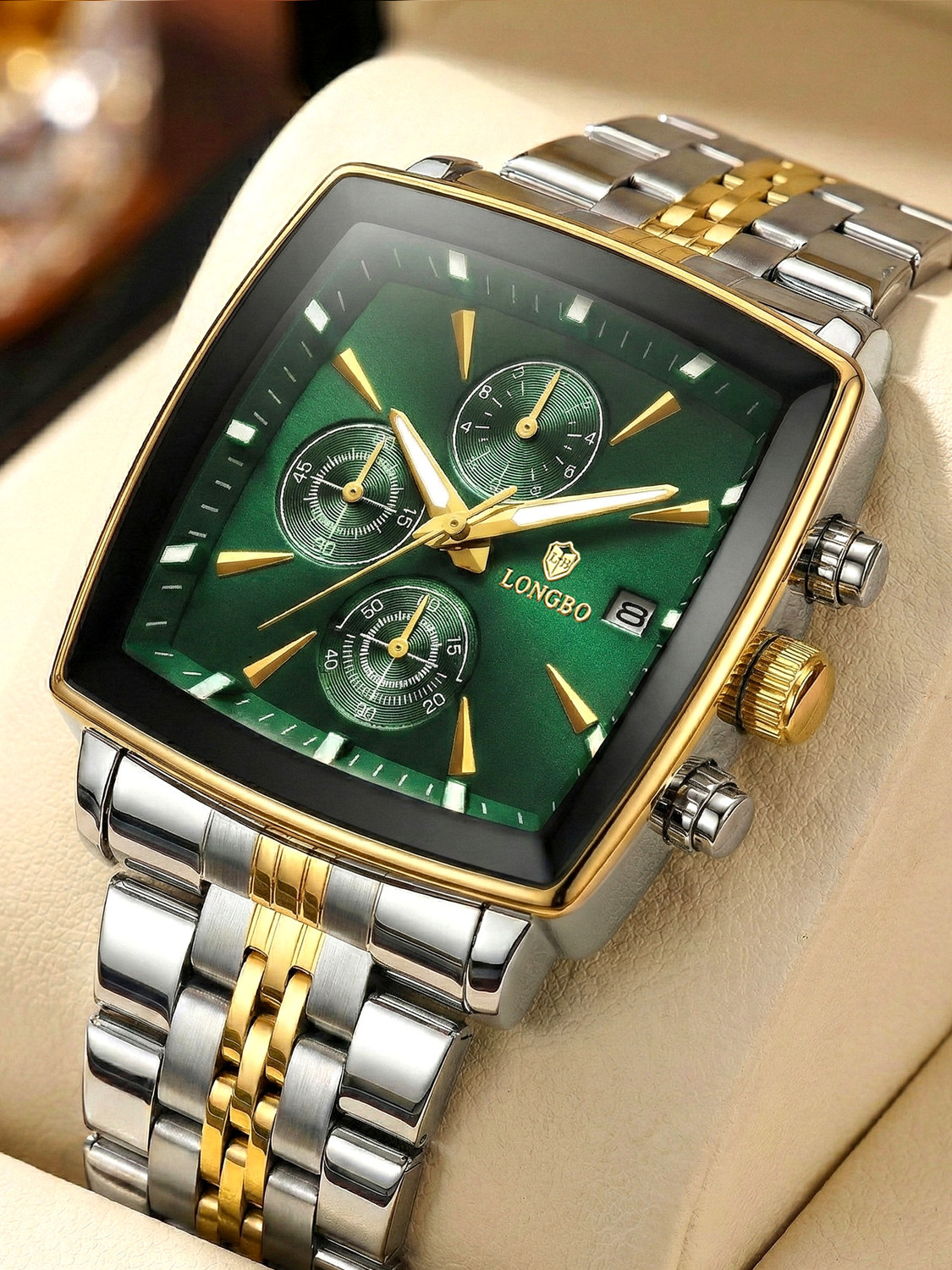 Image of Longbo Men's watch, Analog watch, Black dial watch, Stainless steel watch Elevate 83826 Chronograph Watch with Refined Square Dial Analog Watch - For Men
