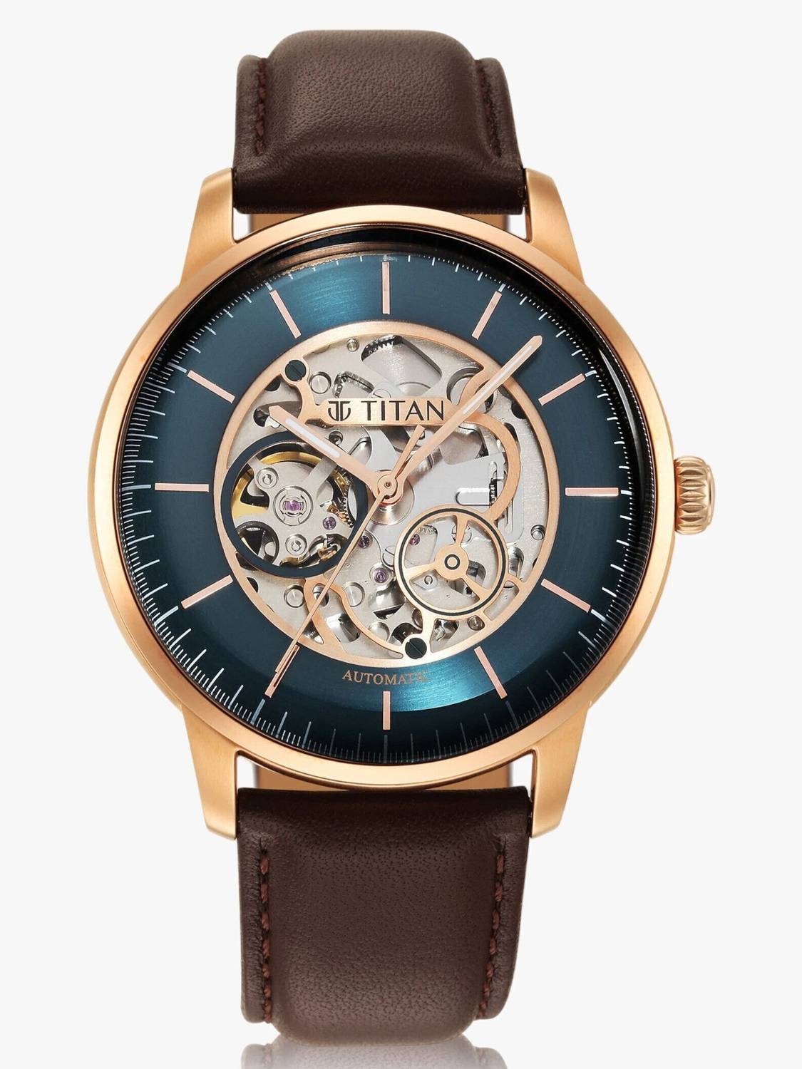 Titan Mechanical Automatic Teal Blue Dial Brown LeatherStrap Watch - Image 2