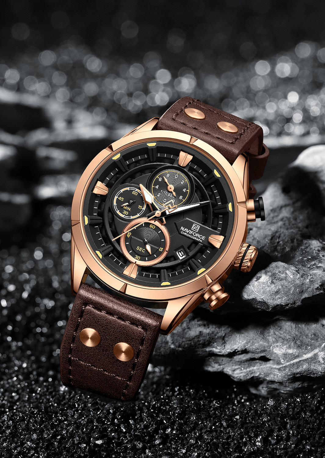Image of NAVIFORCE 8045 Bold rosegold and brown color carbon fiber crafted dial design with chronograph Analog Watch - For Men