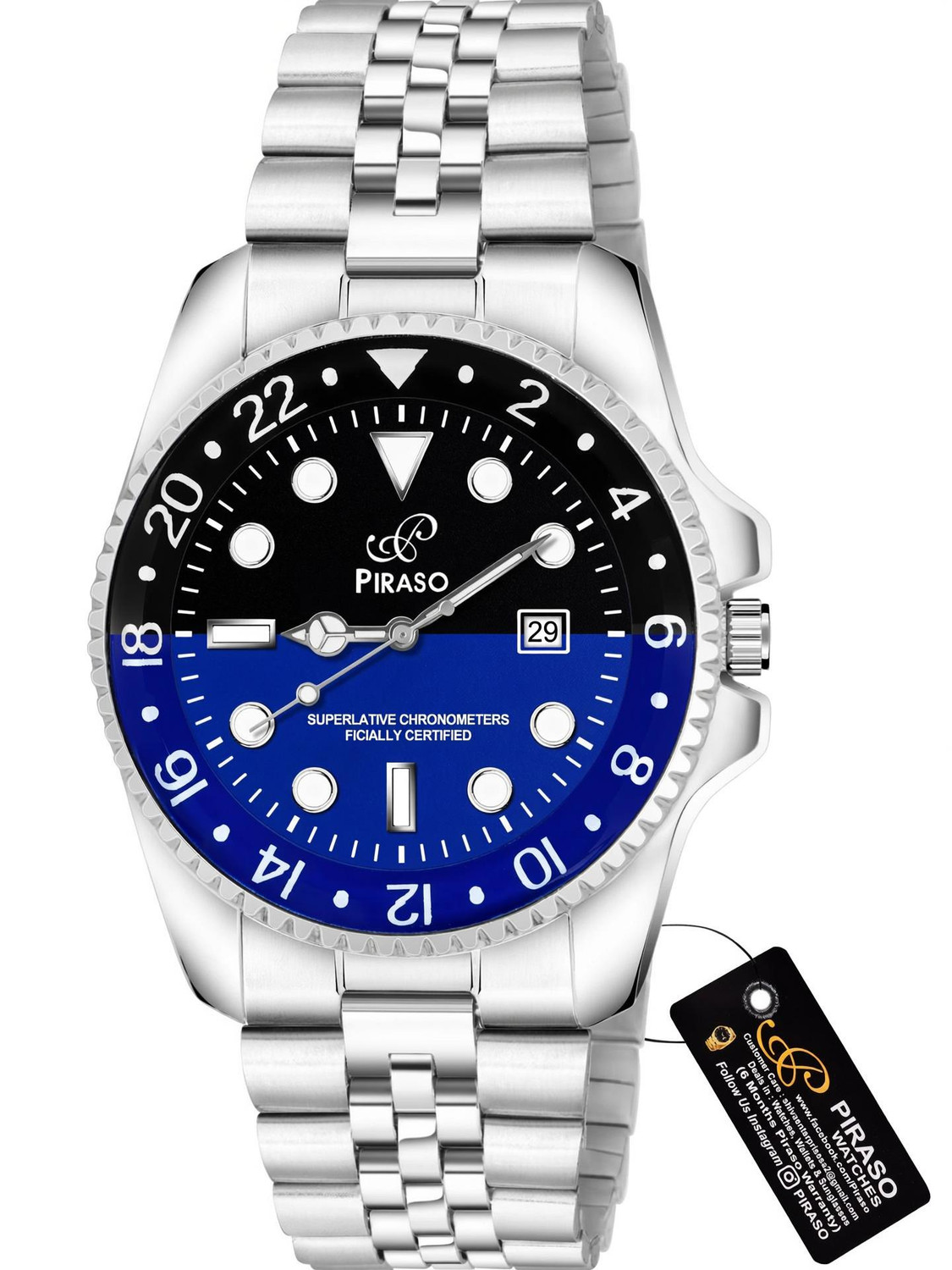 Image of PIRASO ROL-X OG BLACK & BLUE Piraso Two Tone Black & Blue Dial And Silver Chain Watch for Men Analog Watch - For Men