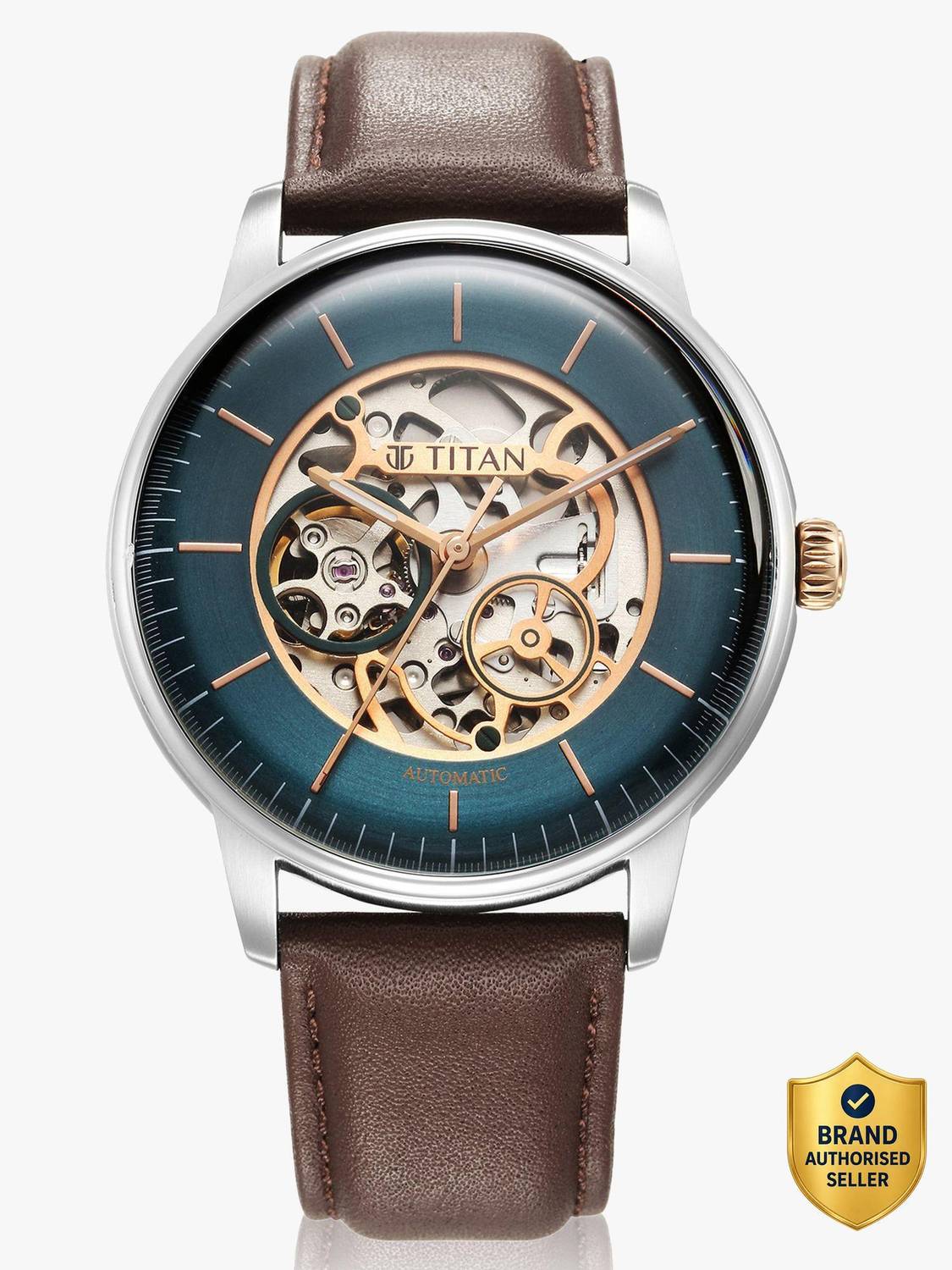 Titan Automatic Teal Blue Dial Brown Leather Watch - Men