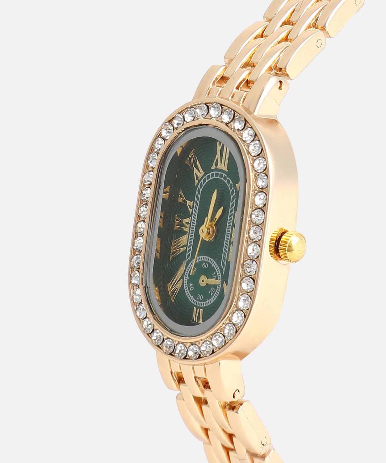Image of Haute Sauce Women's The Embellished Roman Oval Watch - Emerald Green Analog Watch - For Women