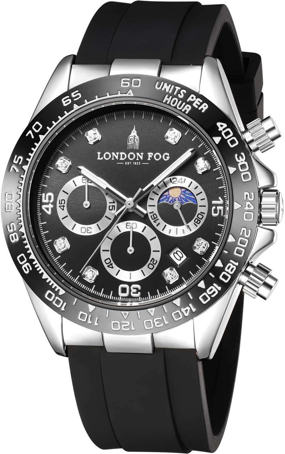 Image of London Fog Black Dial and Silicone Strap, Metal Case Tachymeter Bezel, Chronograph Function Bond Collection Black Dial Silicone Strap Tachymeter Bezel Chronograph Function Analog Watch - For Men